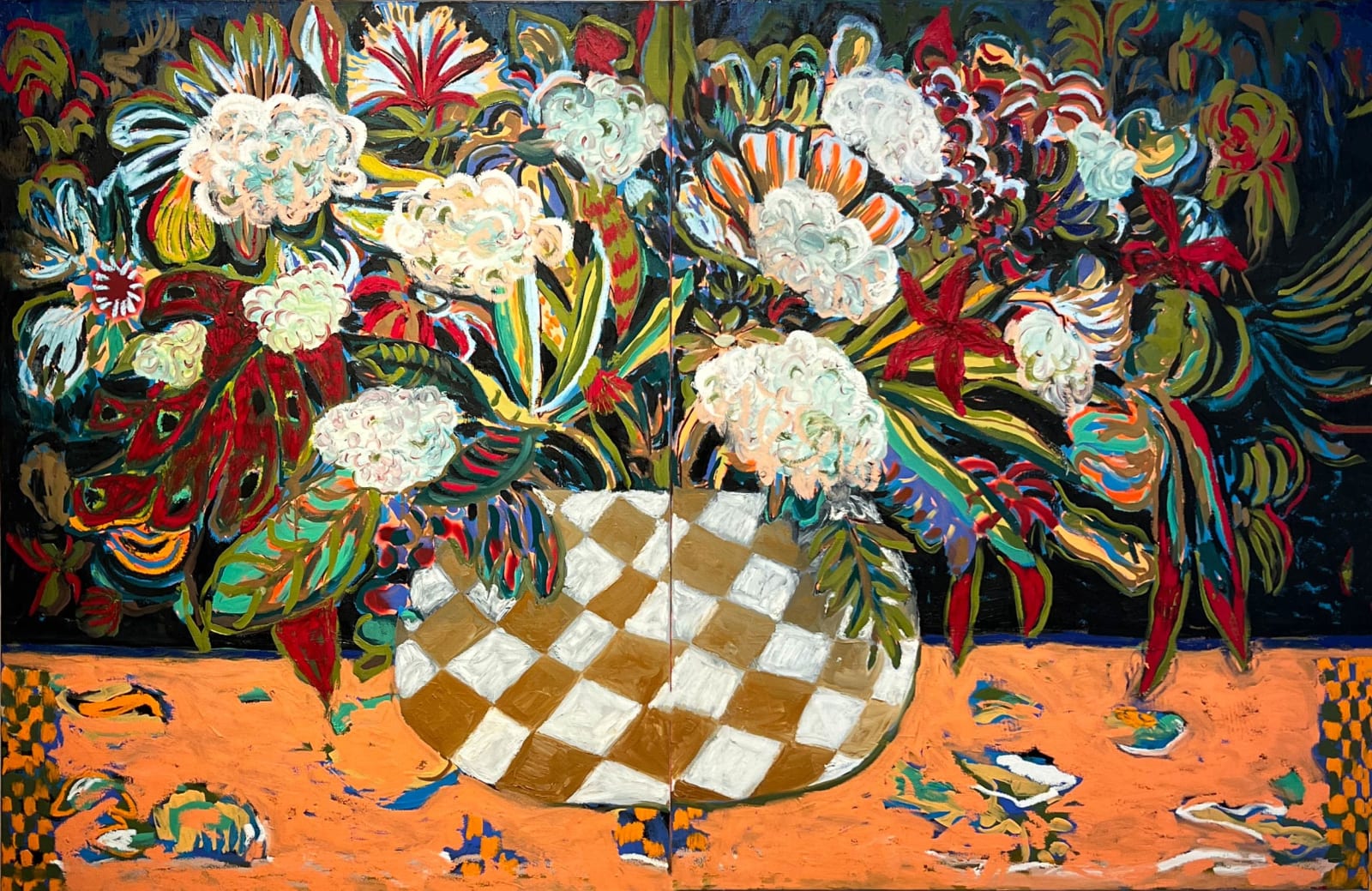 Thai Mainhard Diptych expressionistic flowers in vase painting purchase at gilman contemporary