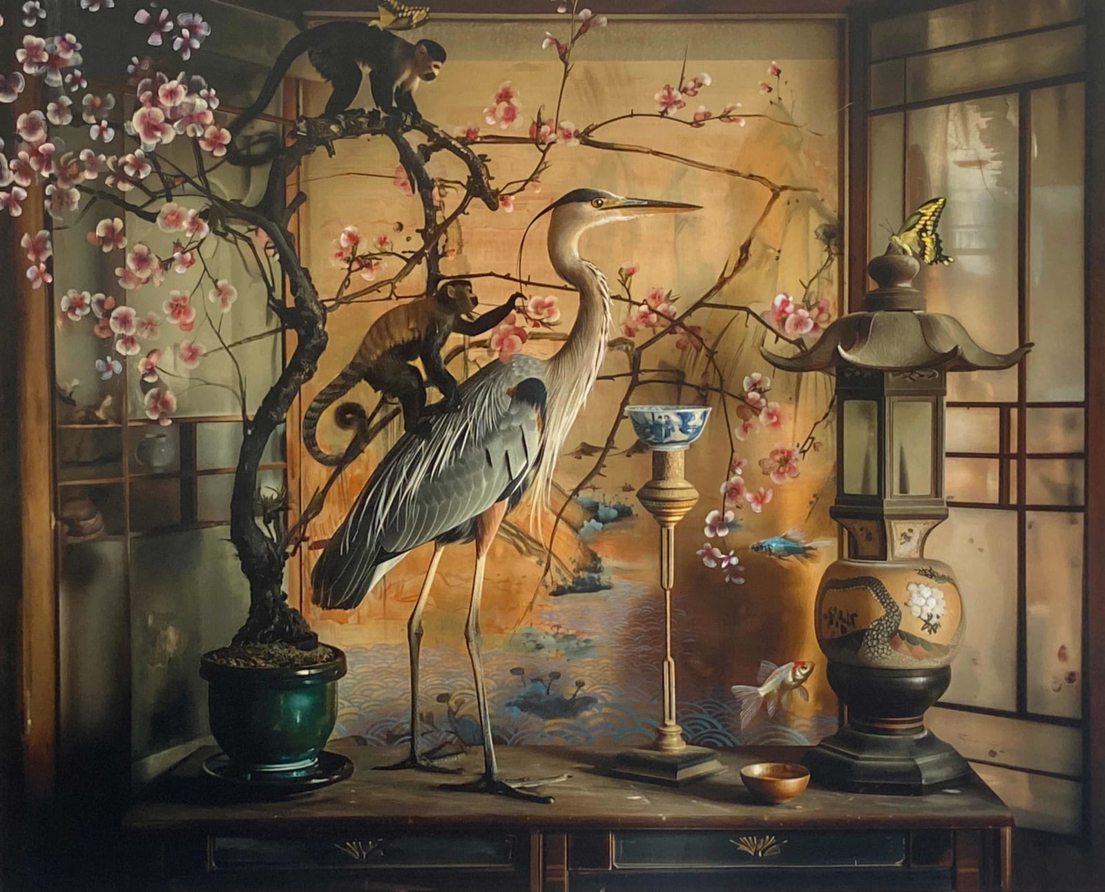 Jason Wheatley oil painting rich tones majical realism monkeys and heron available at Gilman Contemporary