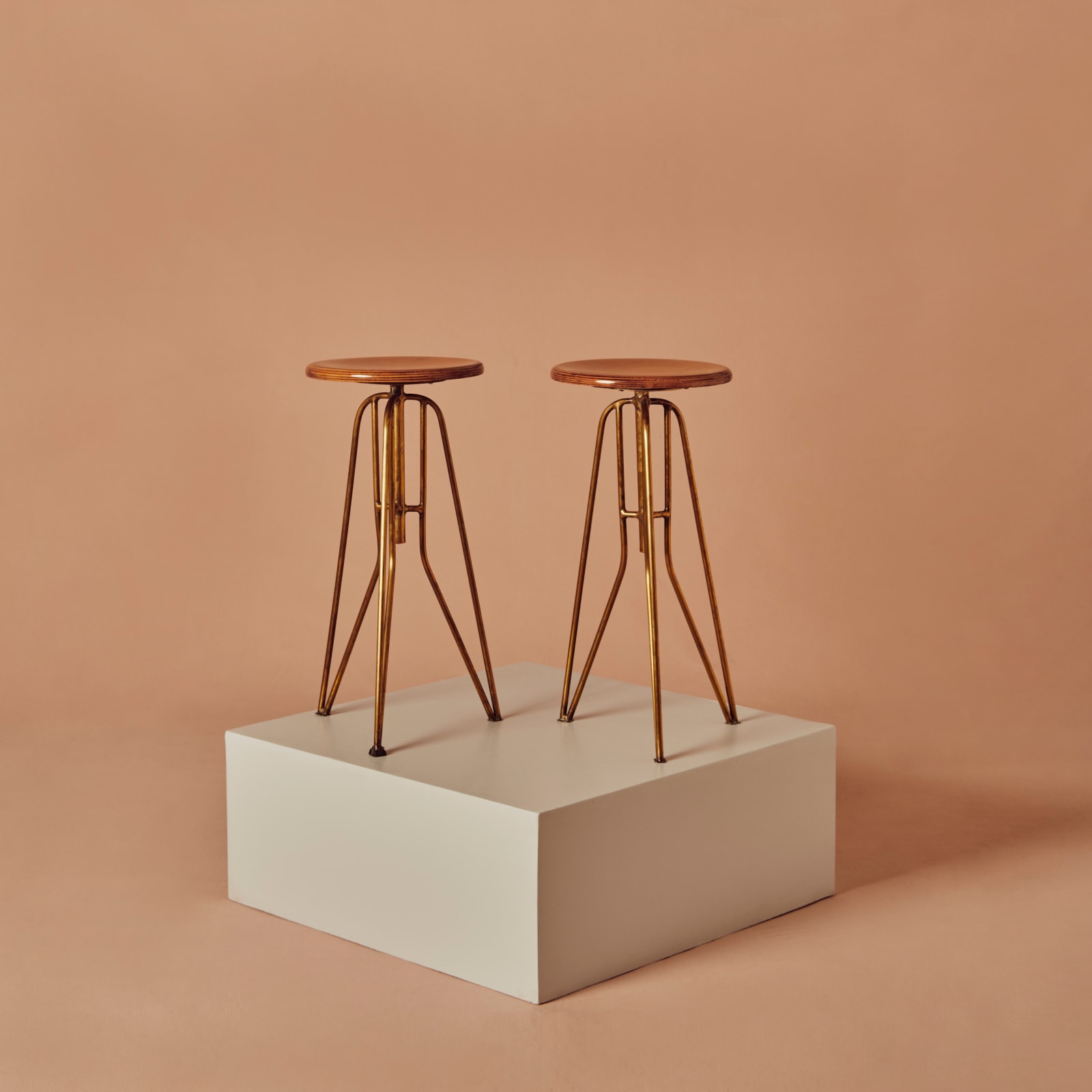 Chair, Plywood & Brass Bar Stools