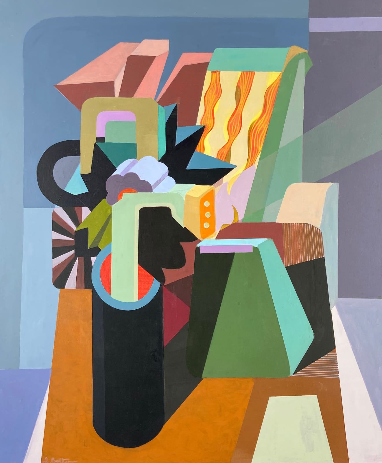 Jenny Belton, Still Life with Flowers, Lamp and Chair