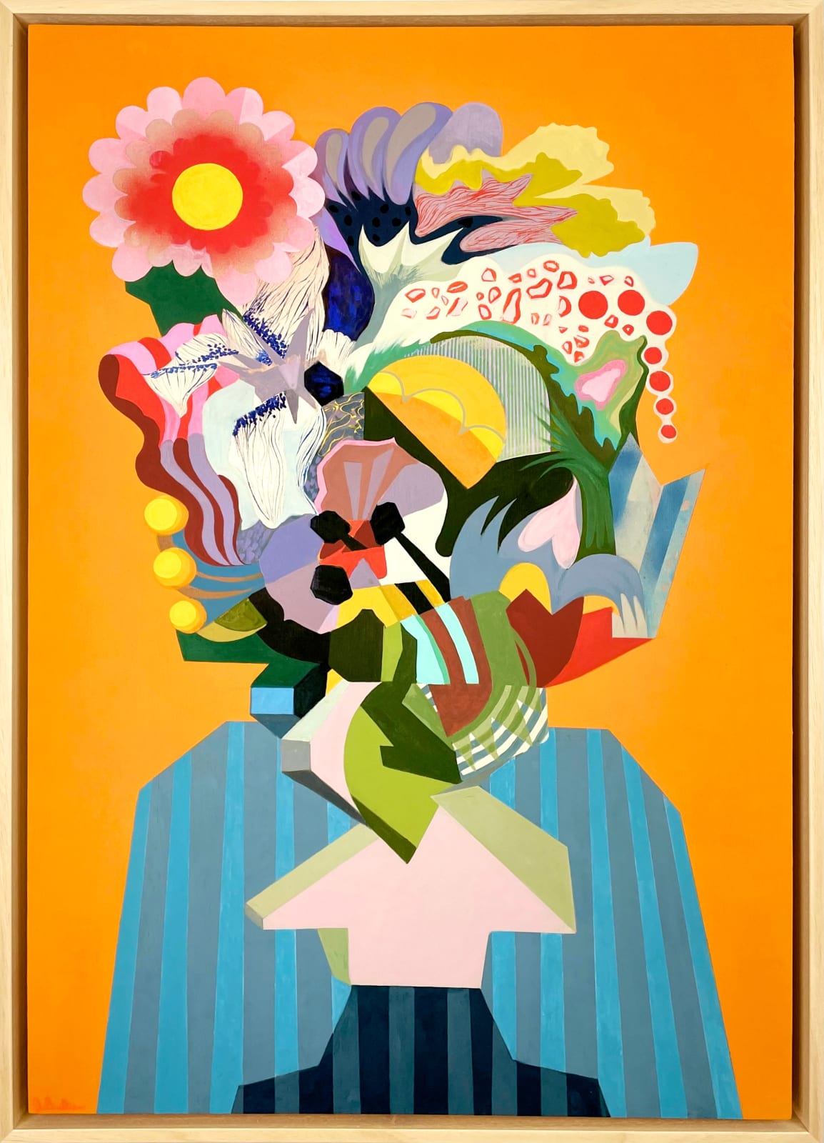 Jenny Belton, Exotic flowers on stripy tablecloth