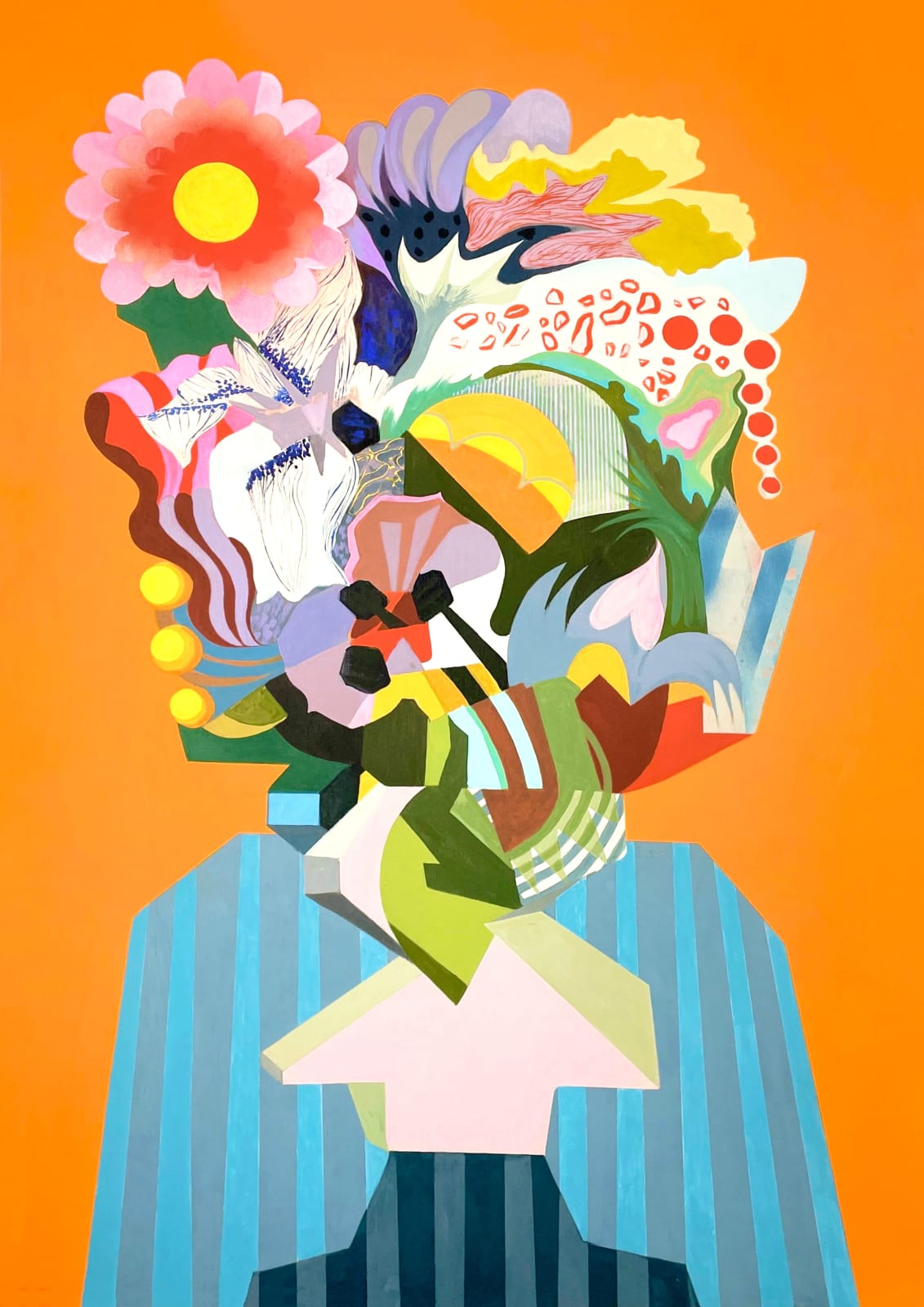 Jenny Belton, Exotic flowers on stripy tablecloth