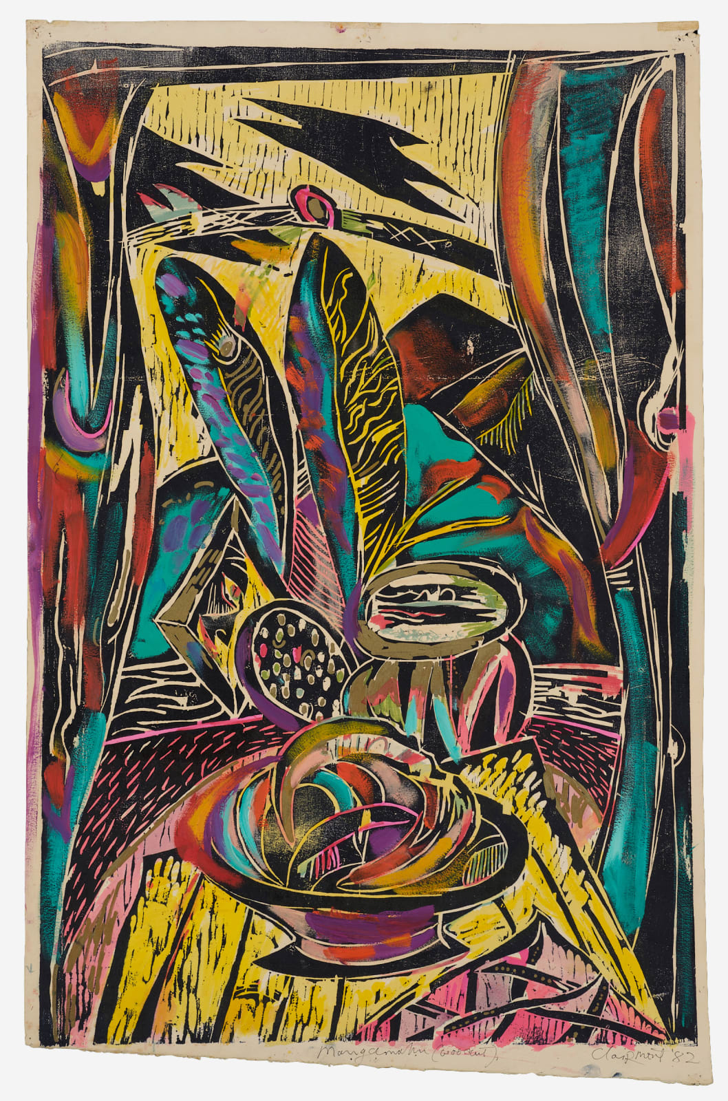 Philip Clairmont, Mangamahu (woodcut), 1982