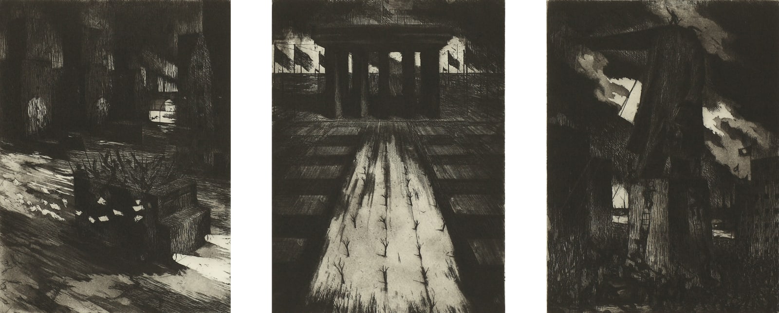 Ken Currie, Tryptych: Vigilante, memorial, historical moment, 1991