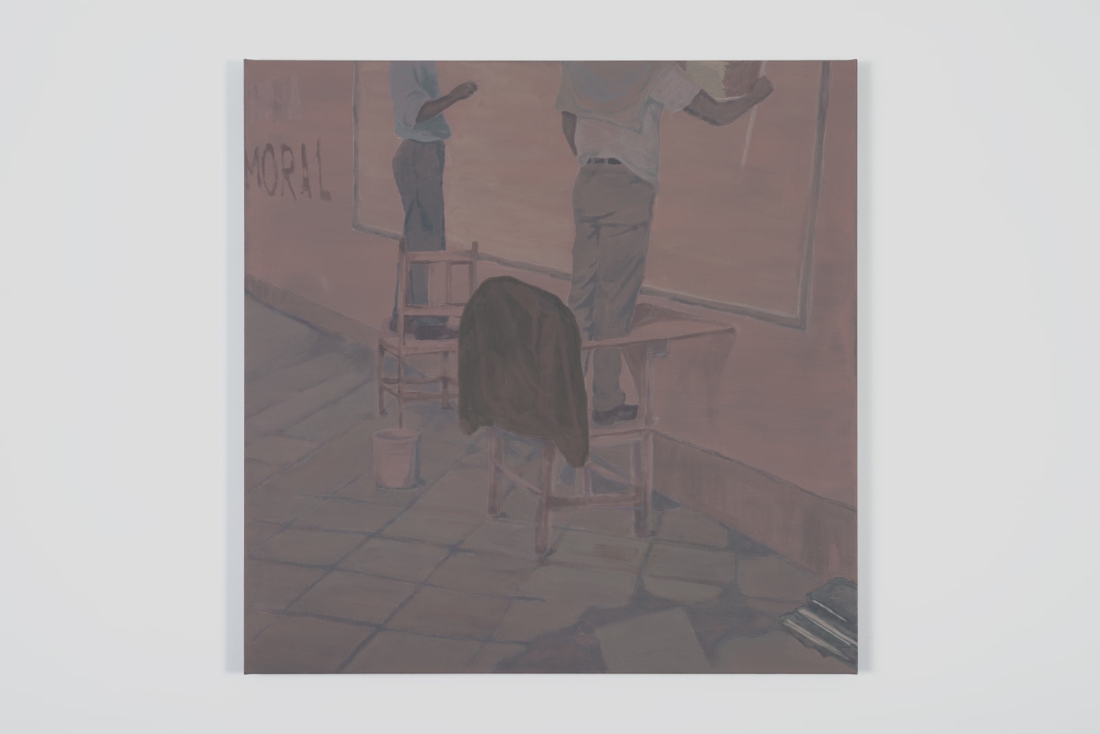 oil painting depicting the bodies of two men standing on chairs and painting a wall