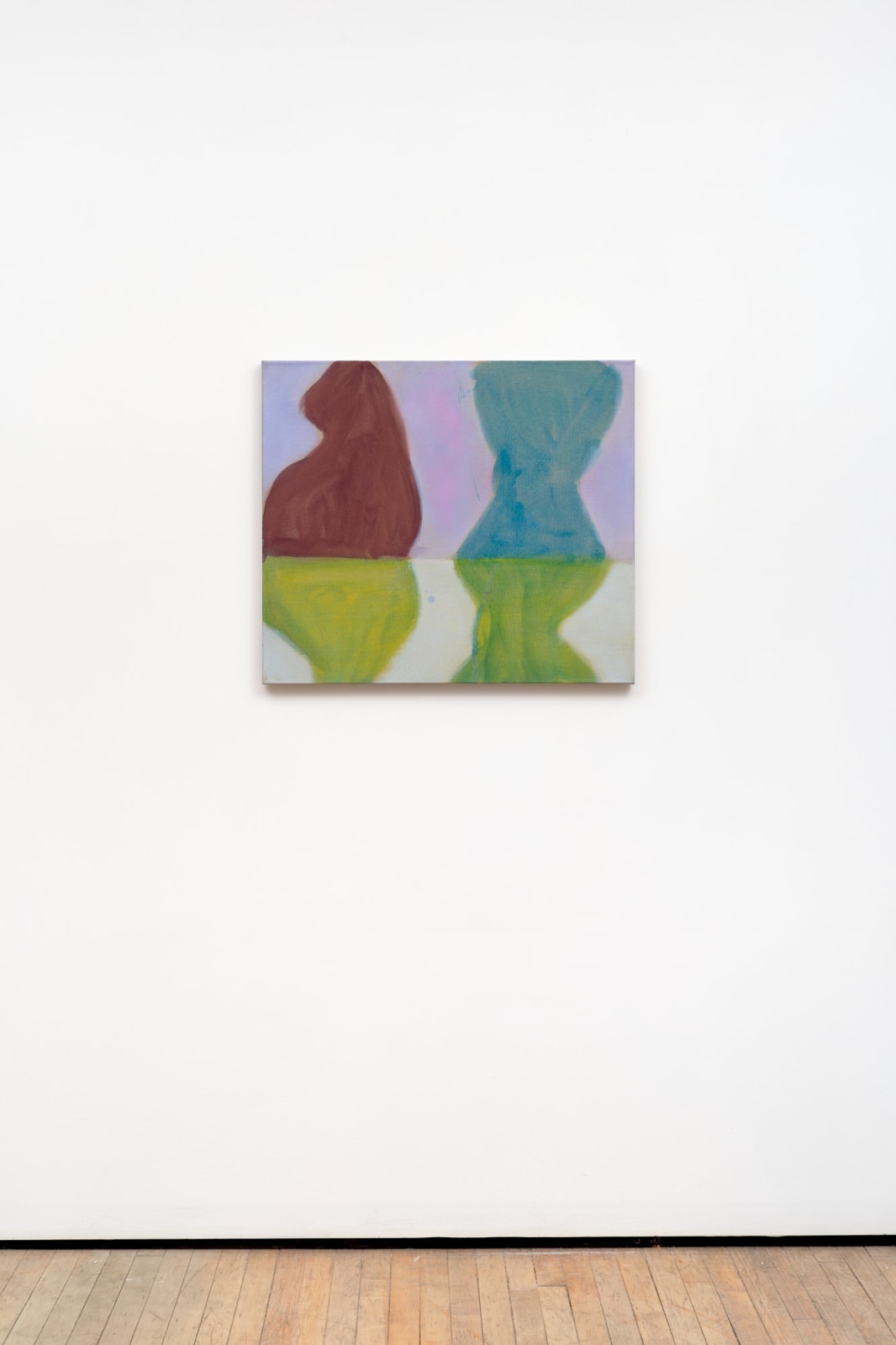 abstract painting of two organic shapes that are both colored lime green on the bottom. On the top, one is colored maroon and the other turqoise. The background is divided into two segments of lavender and light gray.