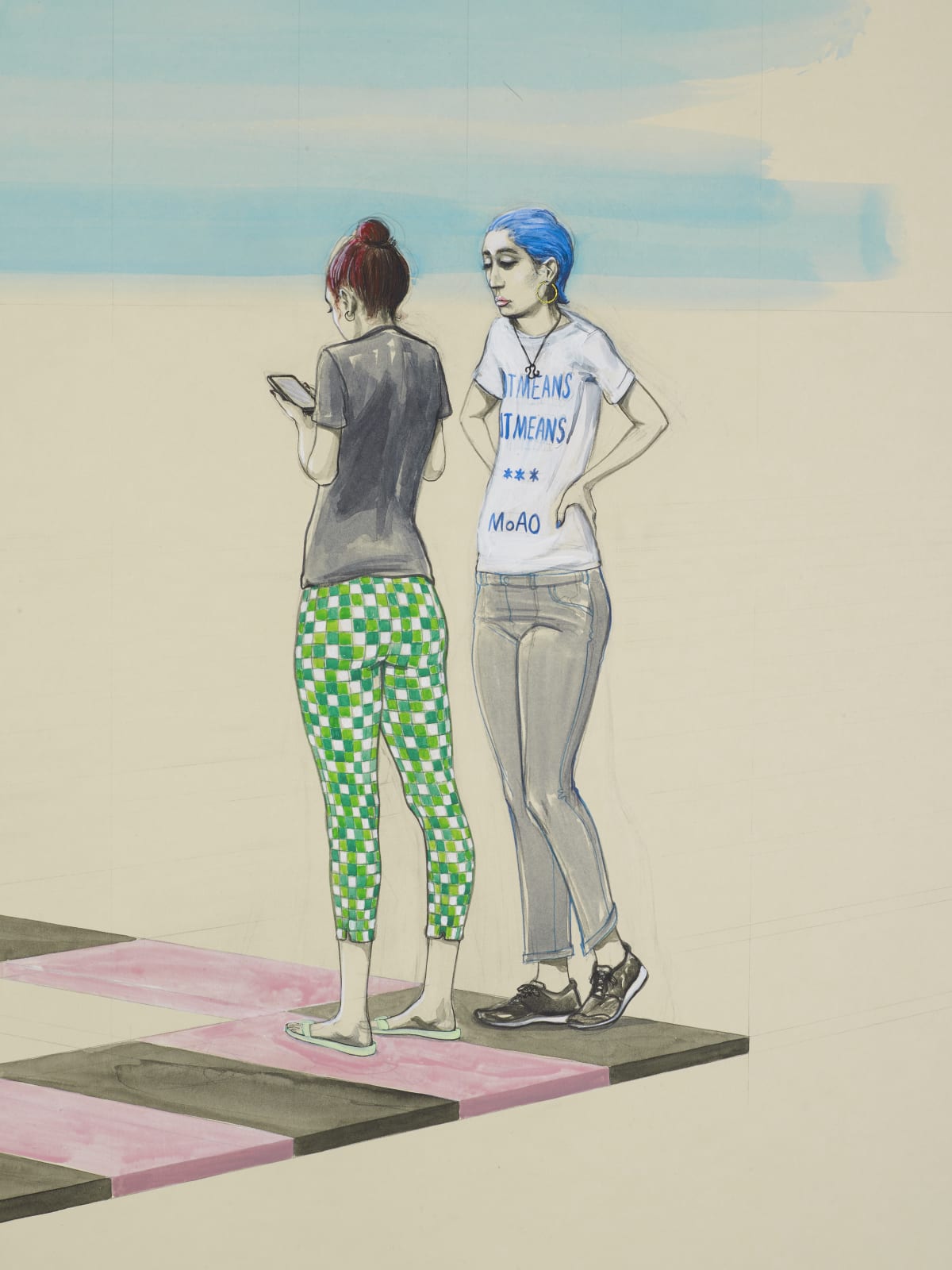 A detail of a a mixed media drawing of a landscape with a square circle henge in the middle and three people around it.