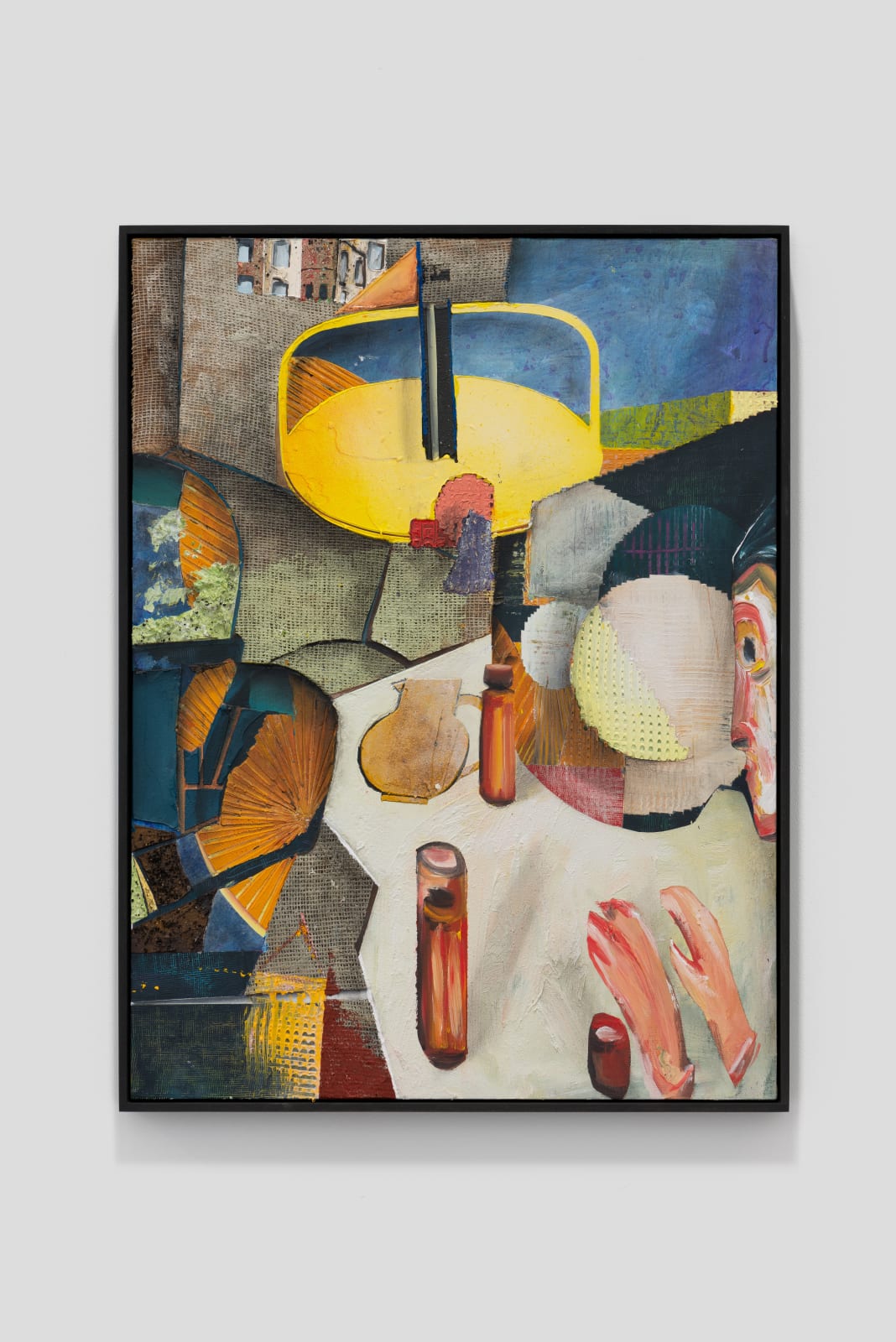 A mixed media piece of abstract scene.