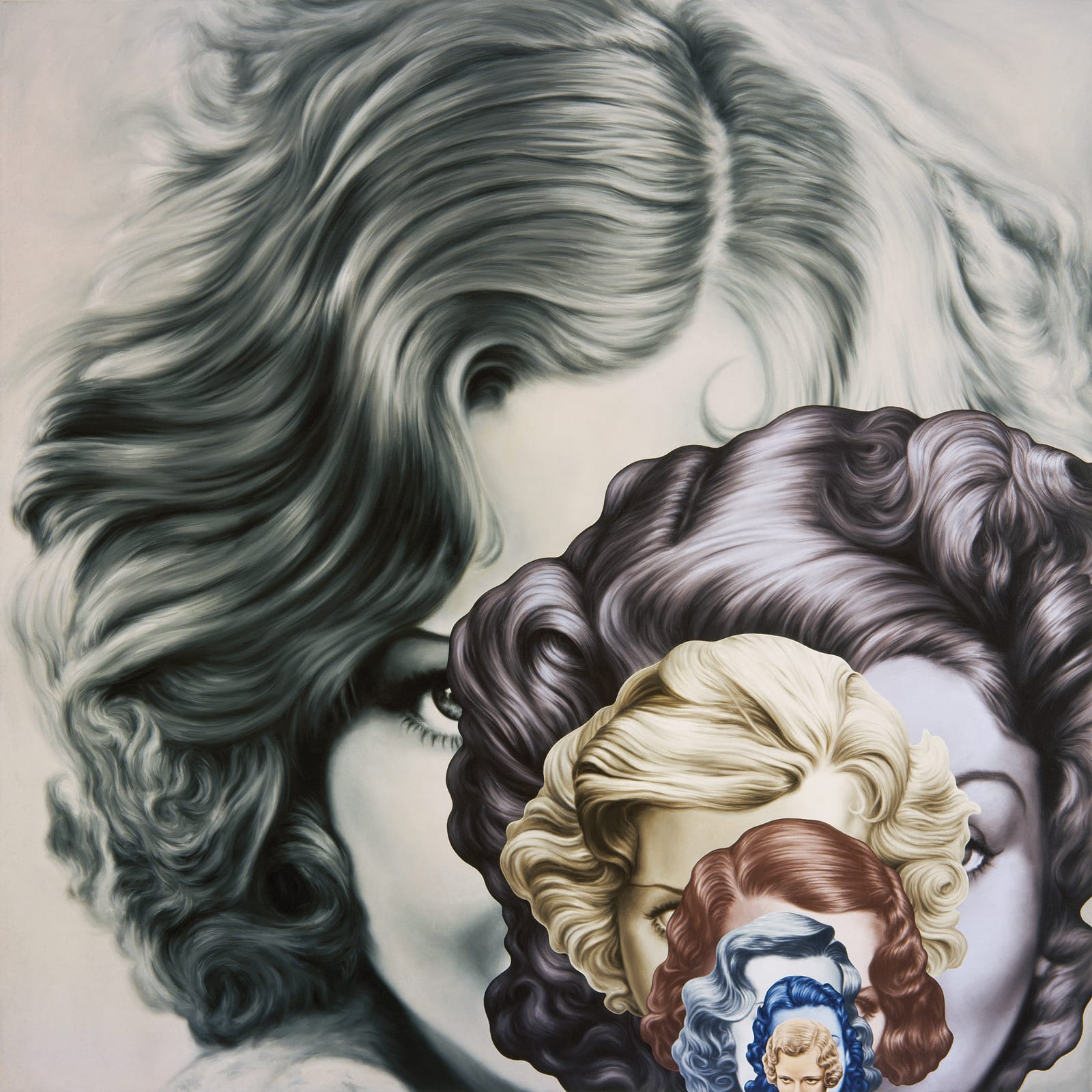 painting of an array of women's heads with 1930's hairstyles layered on top of each other, gaining size with each head progression