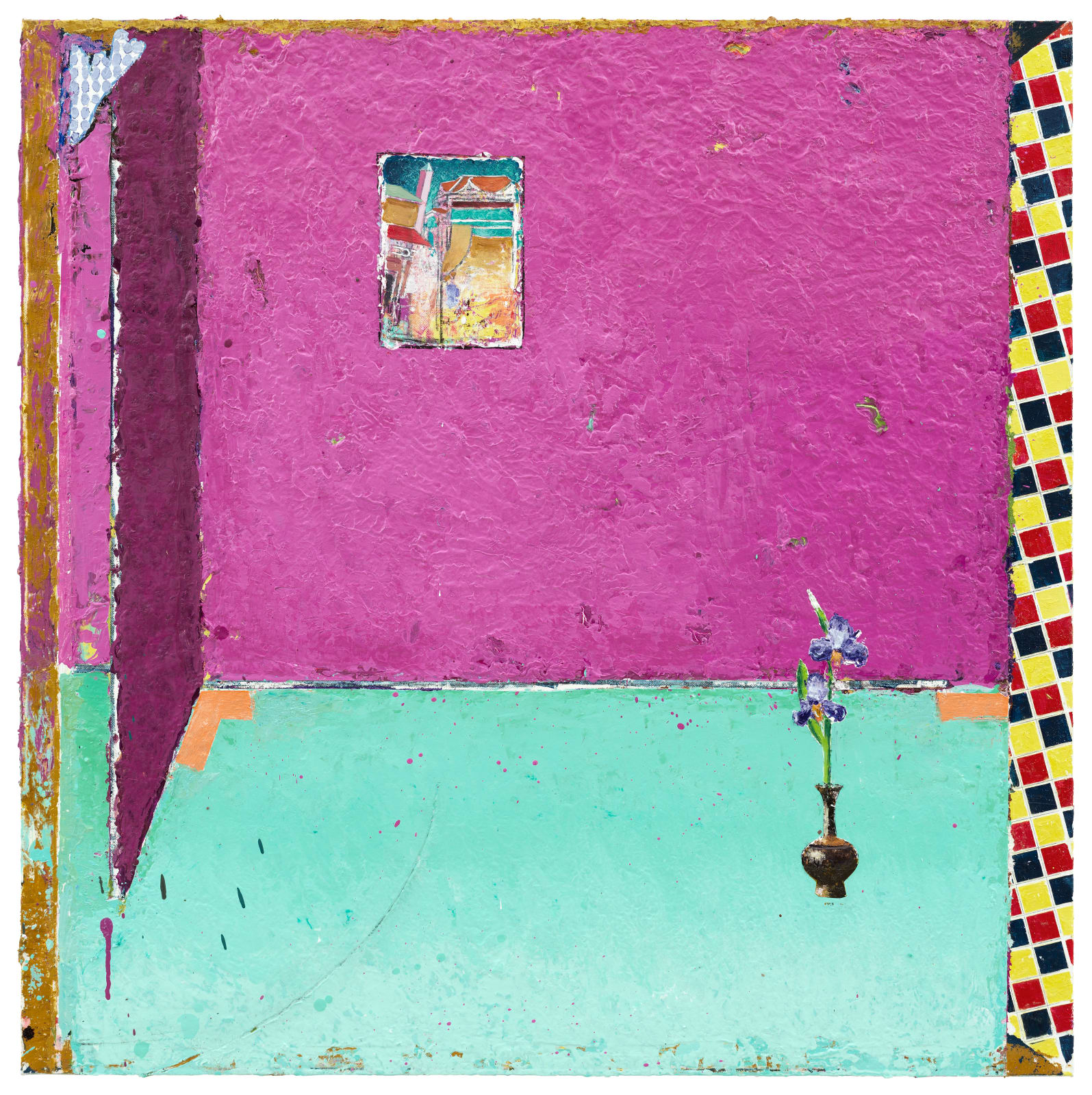 oil painting depicting an abstract interior scene, brightly colored magenta and turquoise