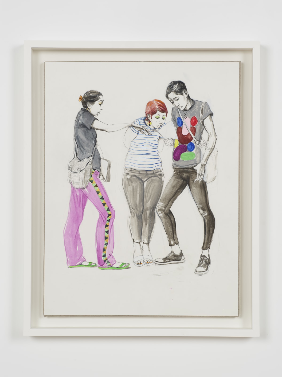 A mixed media drawing of a group of three, colorfully dressed, people standing and looking down and a phone, against a white background and framed in white hung on a white wall.