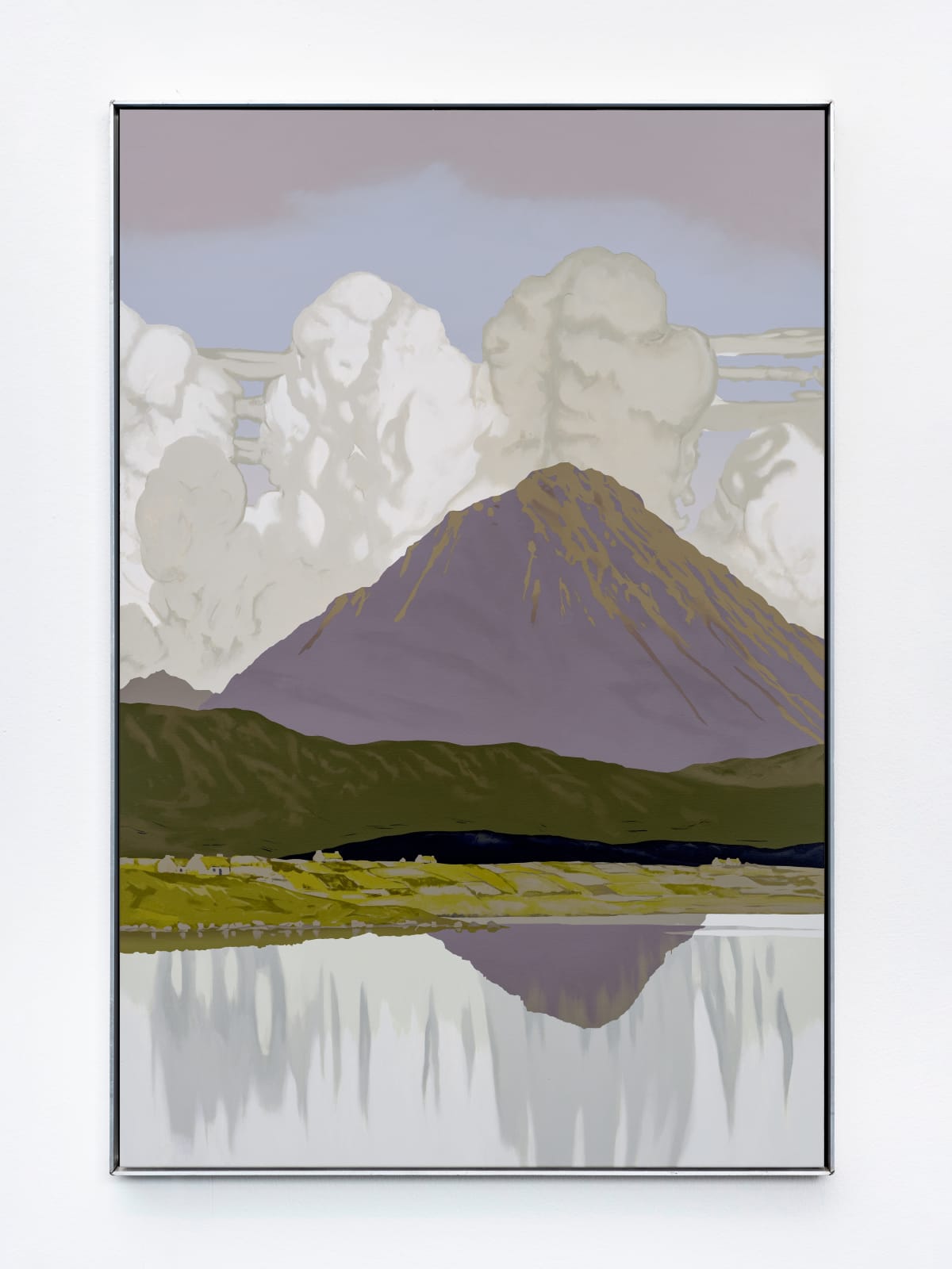 An acrylic on canvas of a underneath a massive mountain.