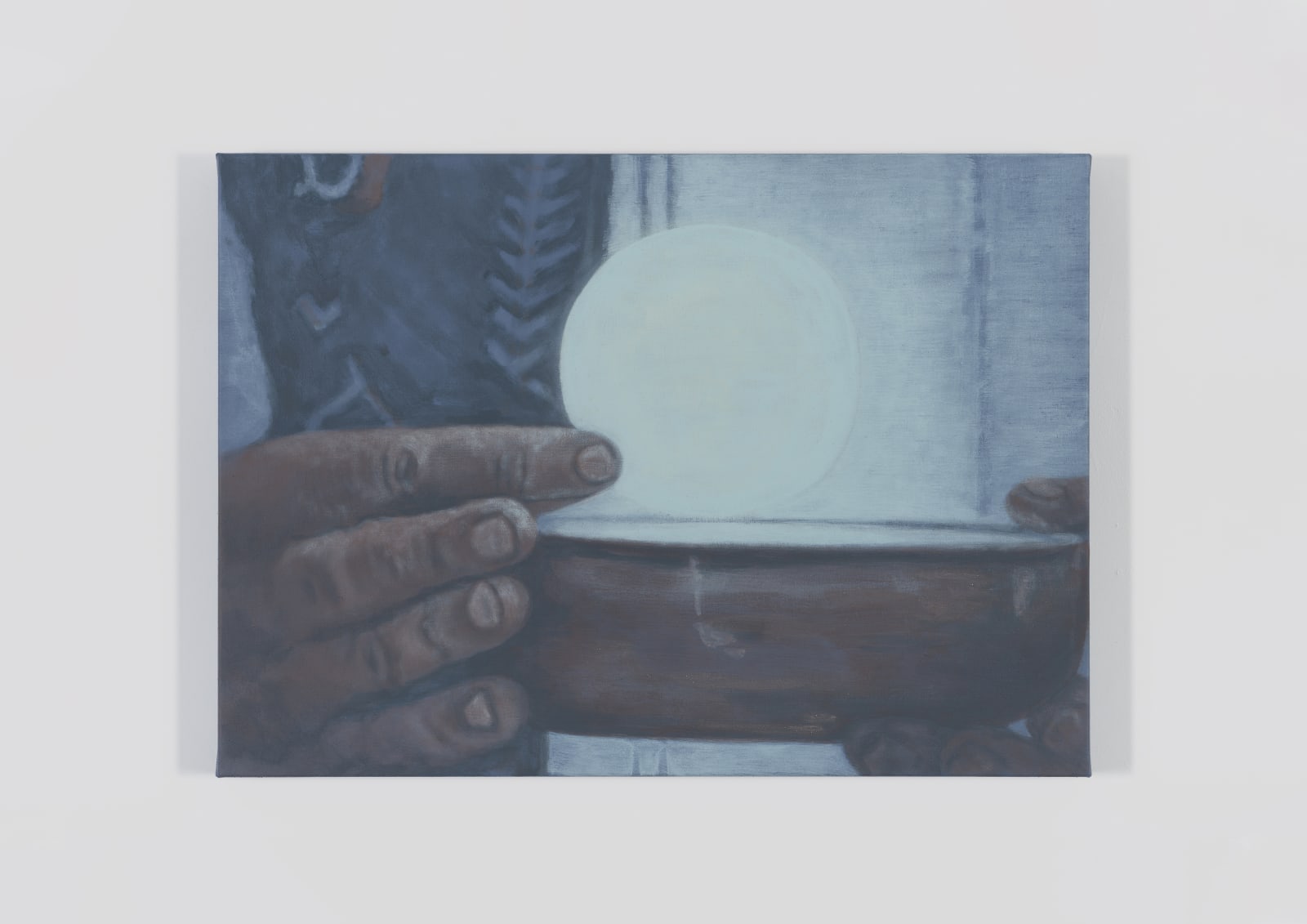 mixed media painting depicting a man holding an orb over a dish