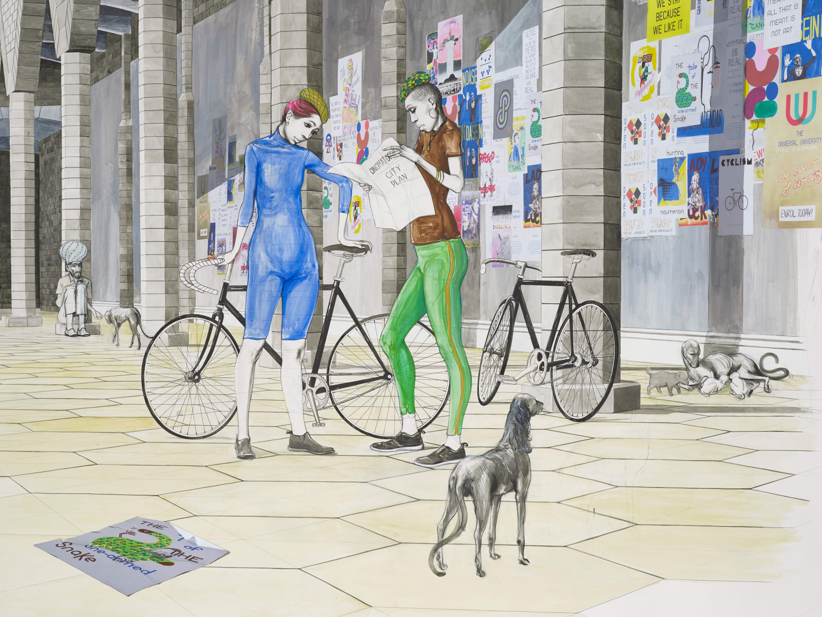 large mixed media drawing of two cyclists beneath the porticos of the City Wall.