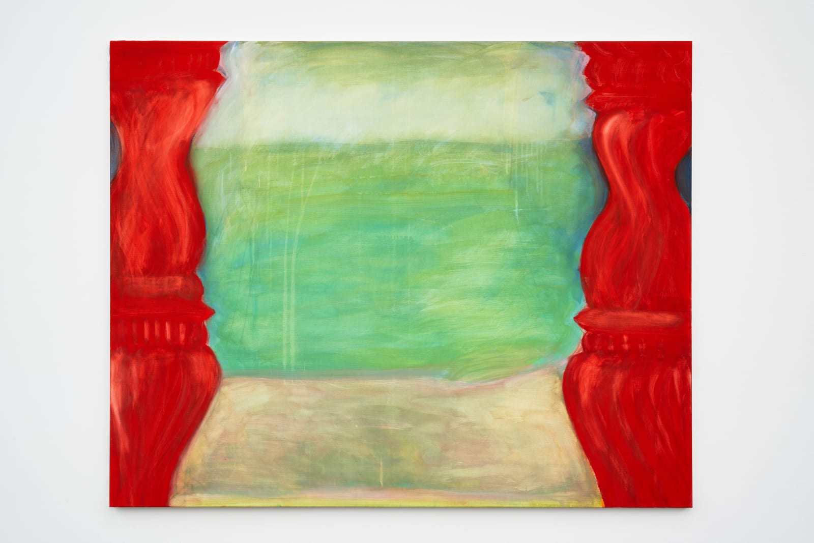 a painted image depicting a close up of two red columns positioned on each side of the image, with a centralized, bright spring green and tan space coming out from behind the columns.