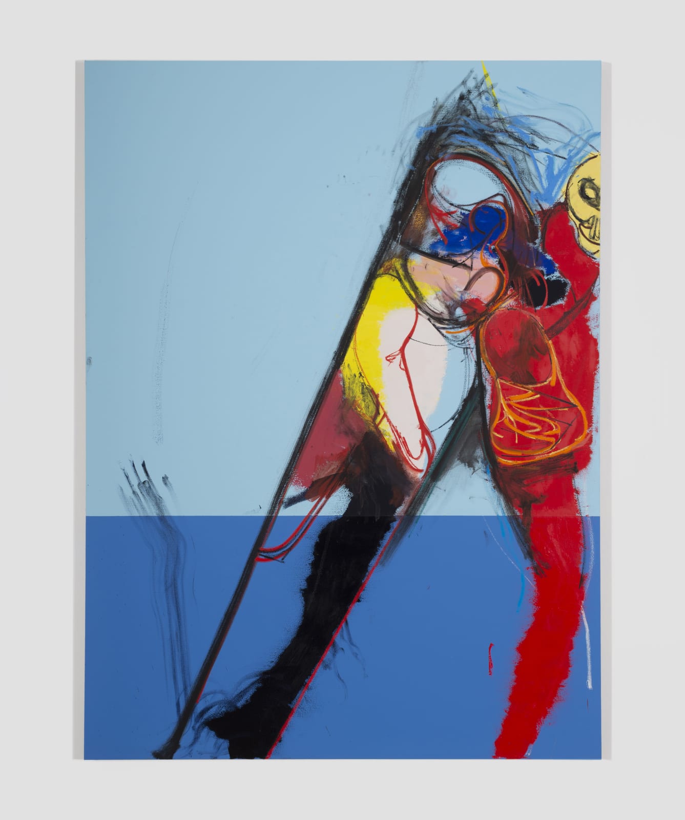 oil painting depicting abstract figures against a colorblocked blue background