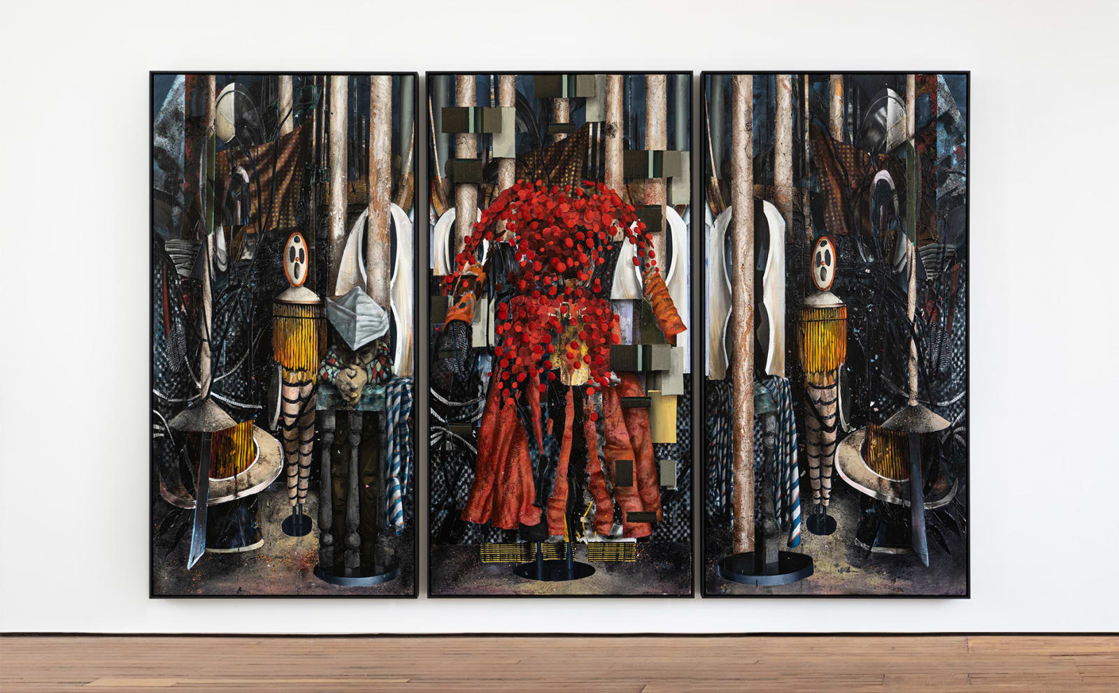 A mixed media image depicting various multicoloured and multi-textured objects standing alongside one another.