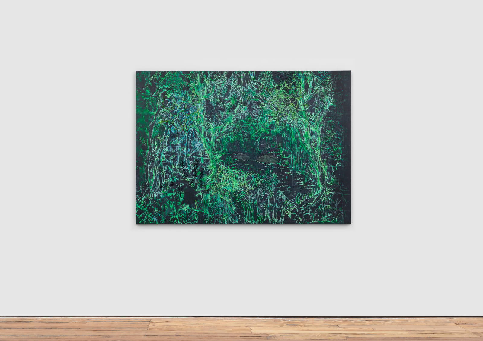 abstract mixed media painting of a landscape in bright green and black