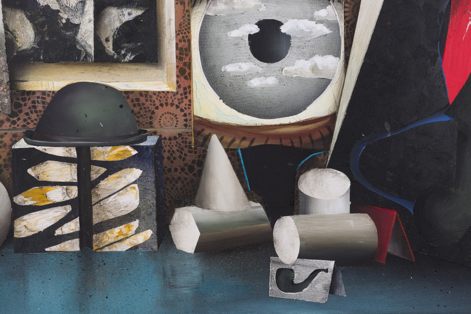 A mixed media piece of abstract scene.