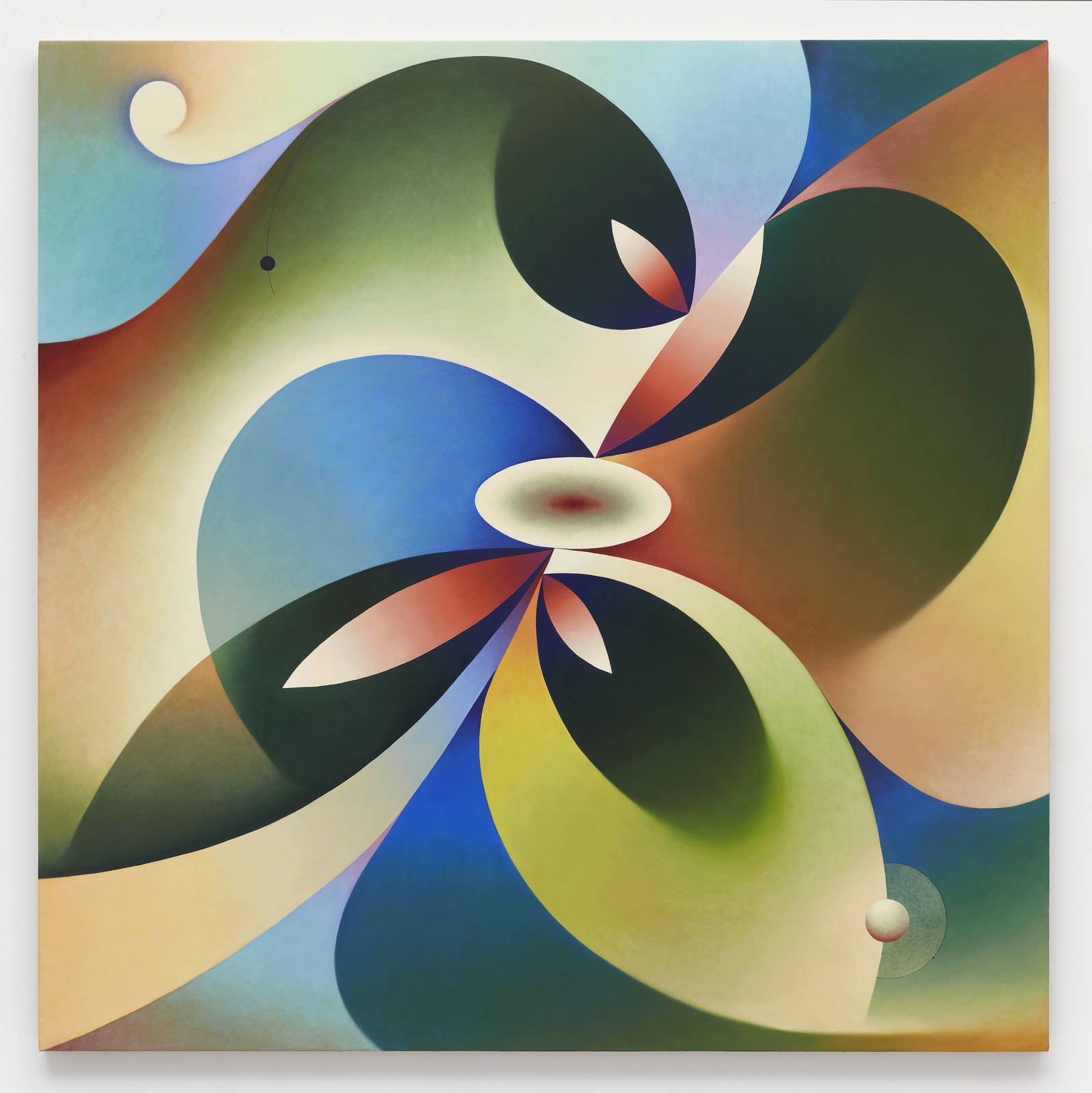 An oil painting of a multicoloured object.