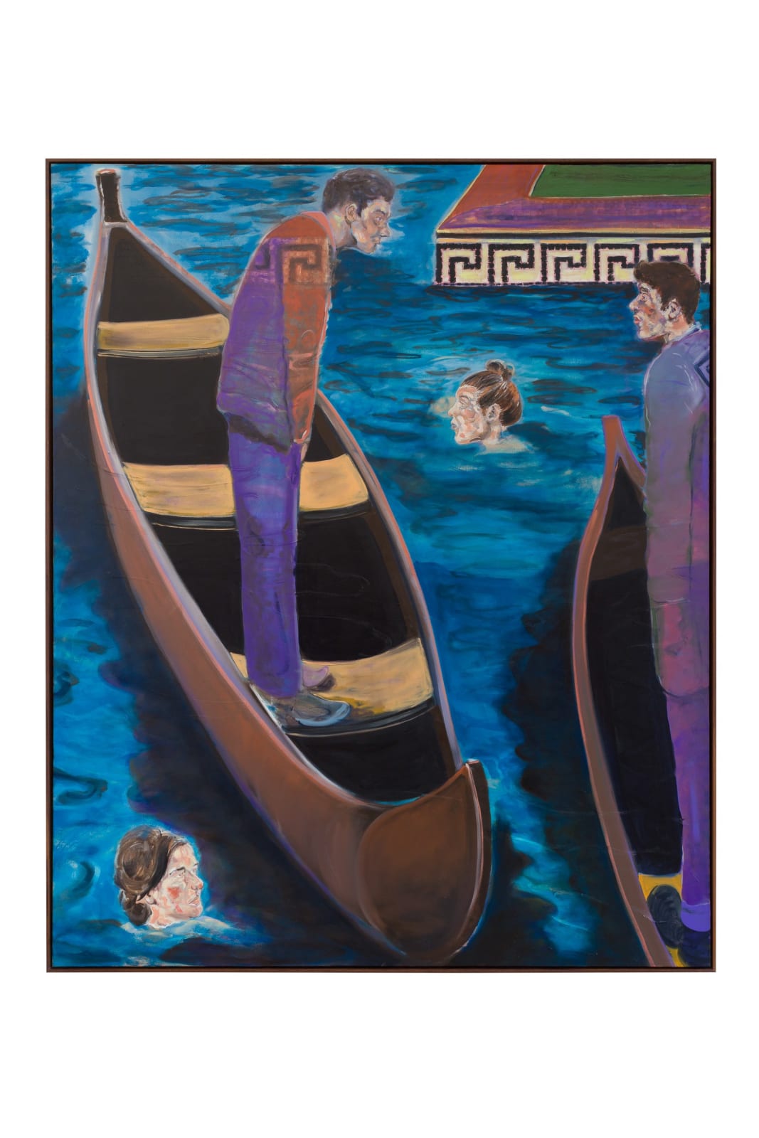 oil painting depicting two men standing on floating canoes with two others swimming in the water, their heads exposed.