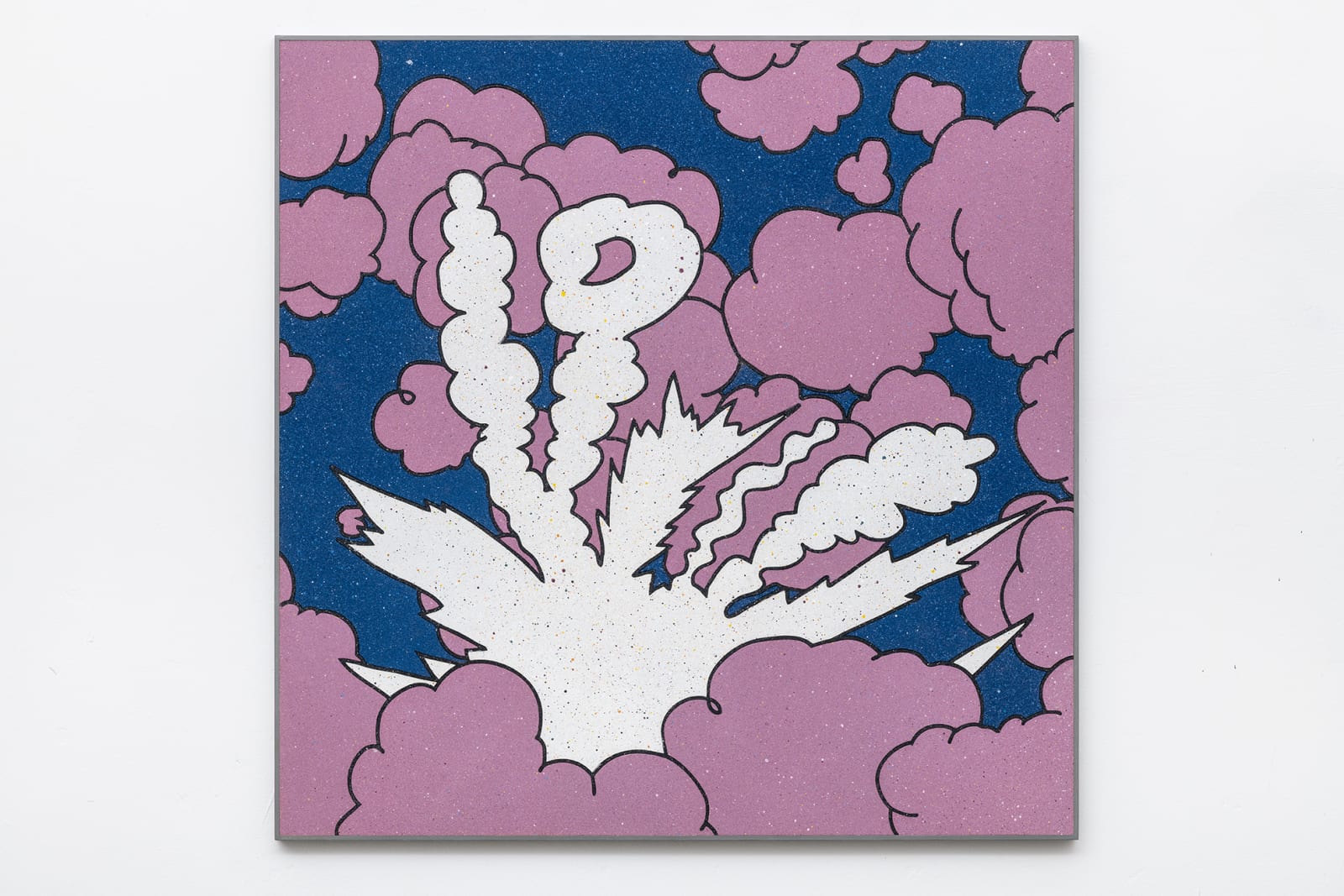 A mixed media piece depicting pink and white clouds.