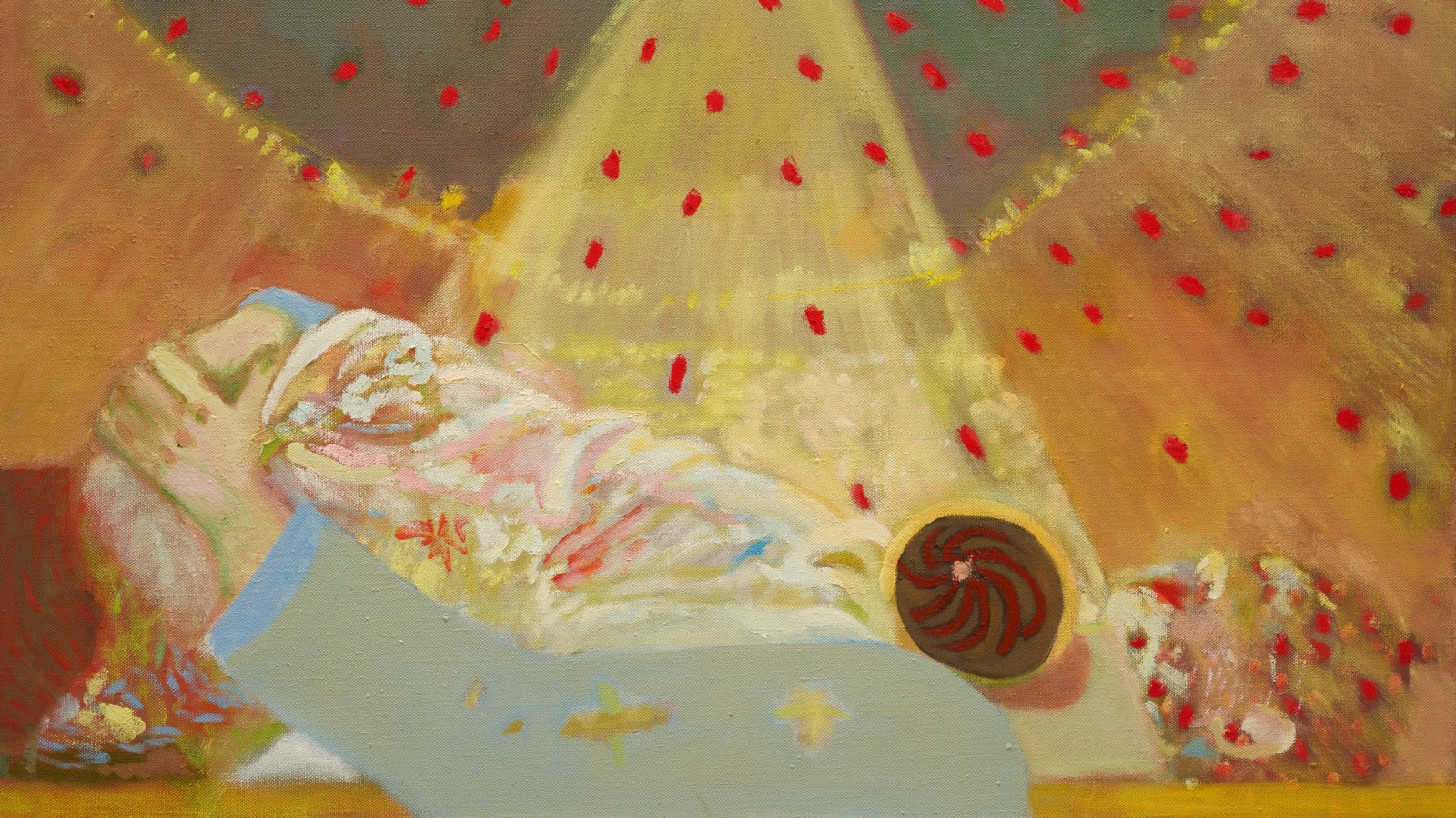 An oil painting of a figure laying down in an abstract landscape consisting of different shapes, colours, and objects.