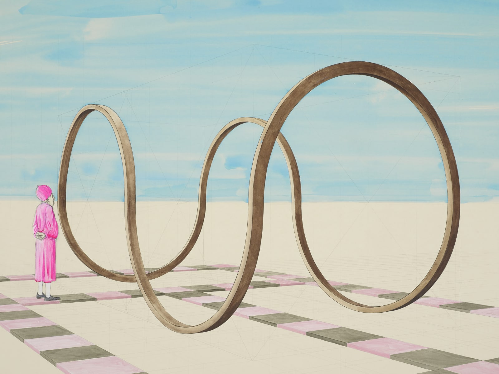 A detail of a a mixed media drawing of a landscape with a square circle henge in the middle and three people around it.