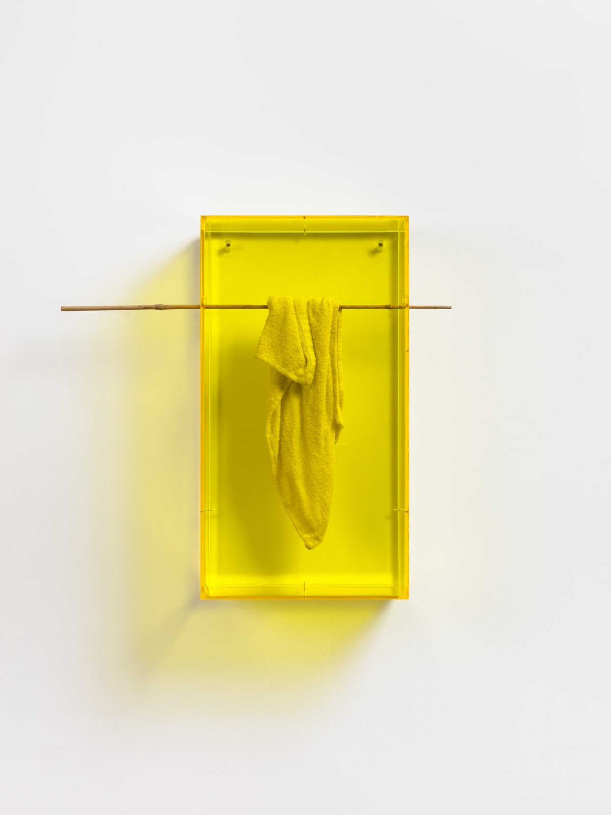 Waxed cloth suspended by a bamboo twig encased in a yellow plexiglass box.