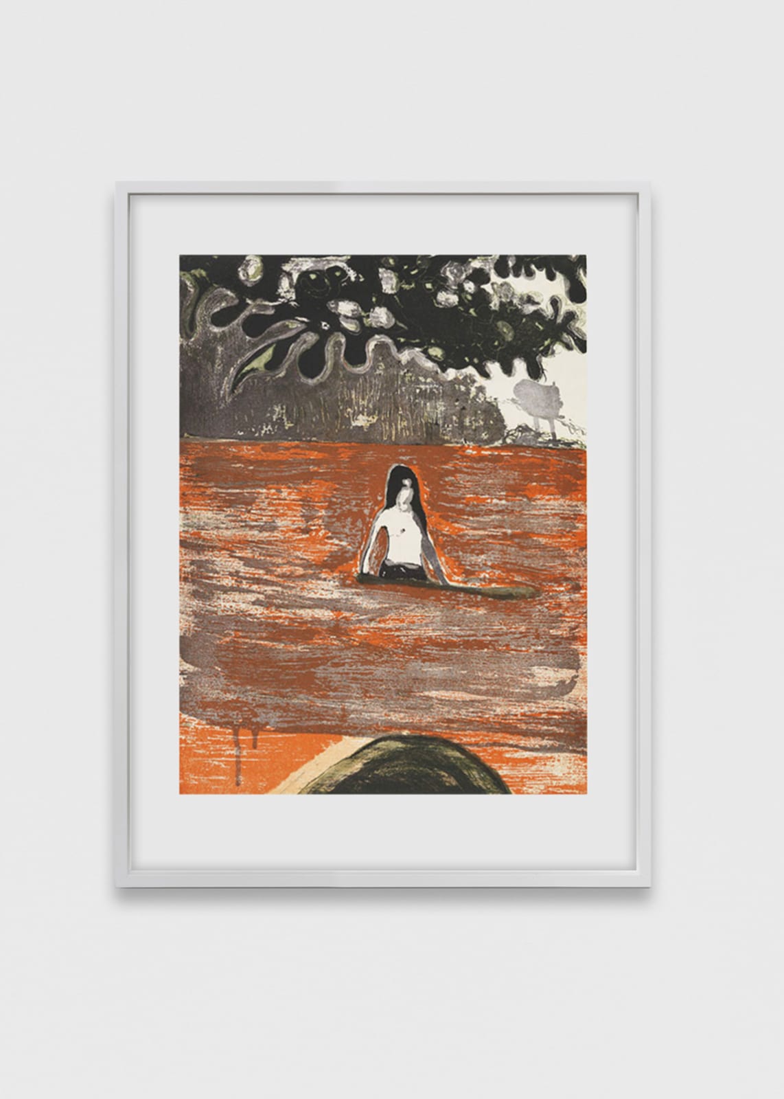 Etching of a surfer in a swelling red ocean