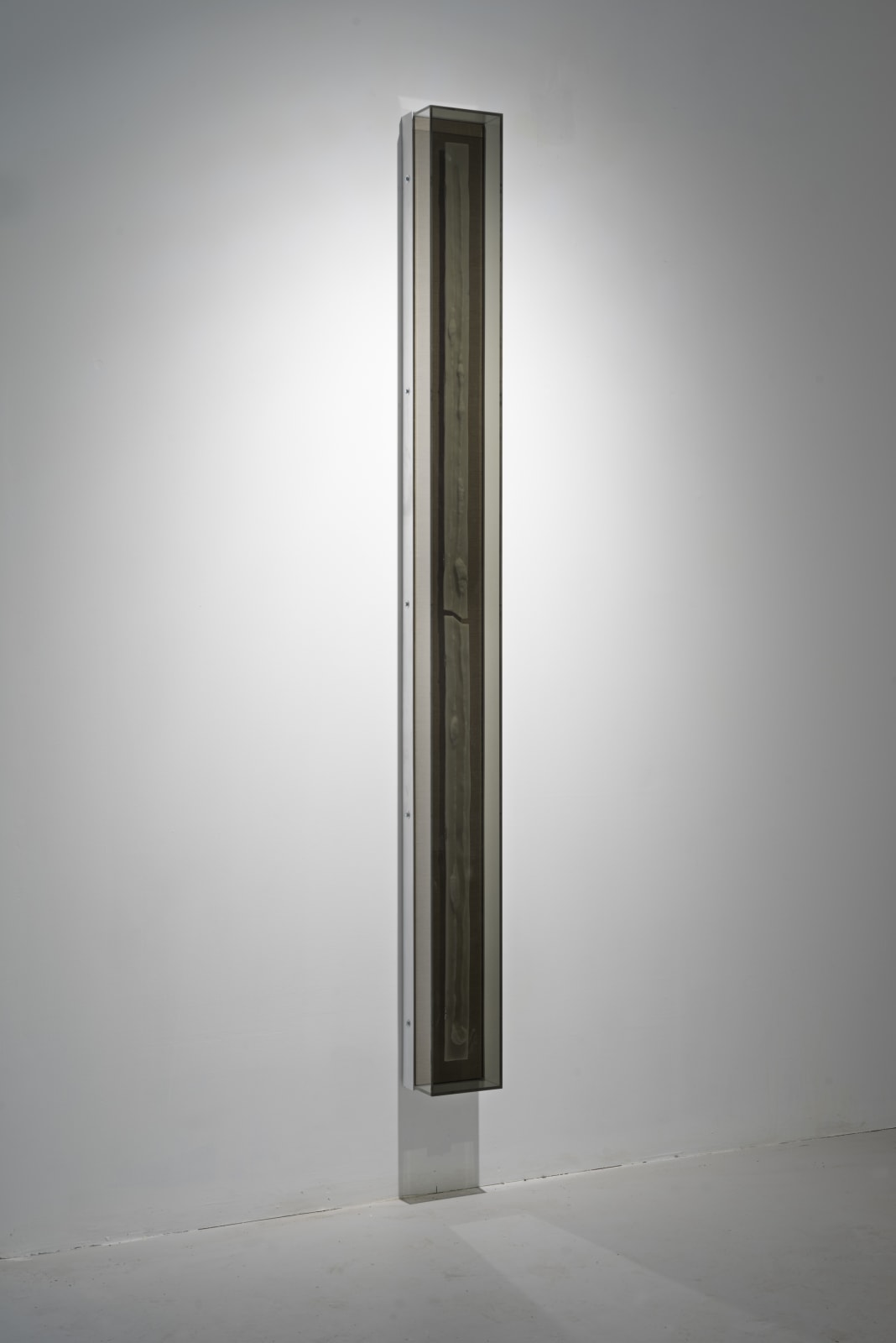 A mixed media piece hanging on a white wall.