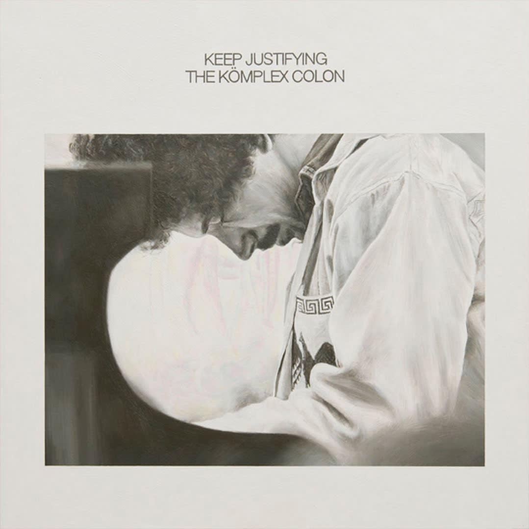 Oil on panel of man bent down with the text 