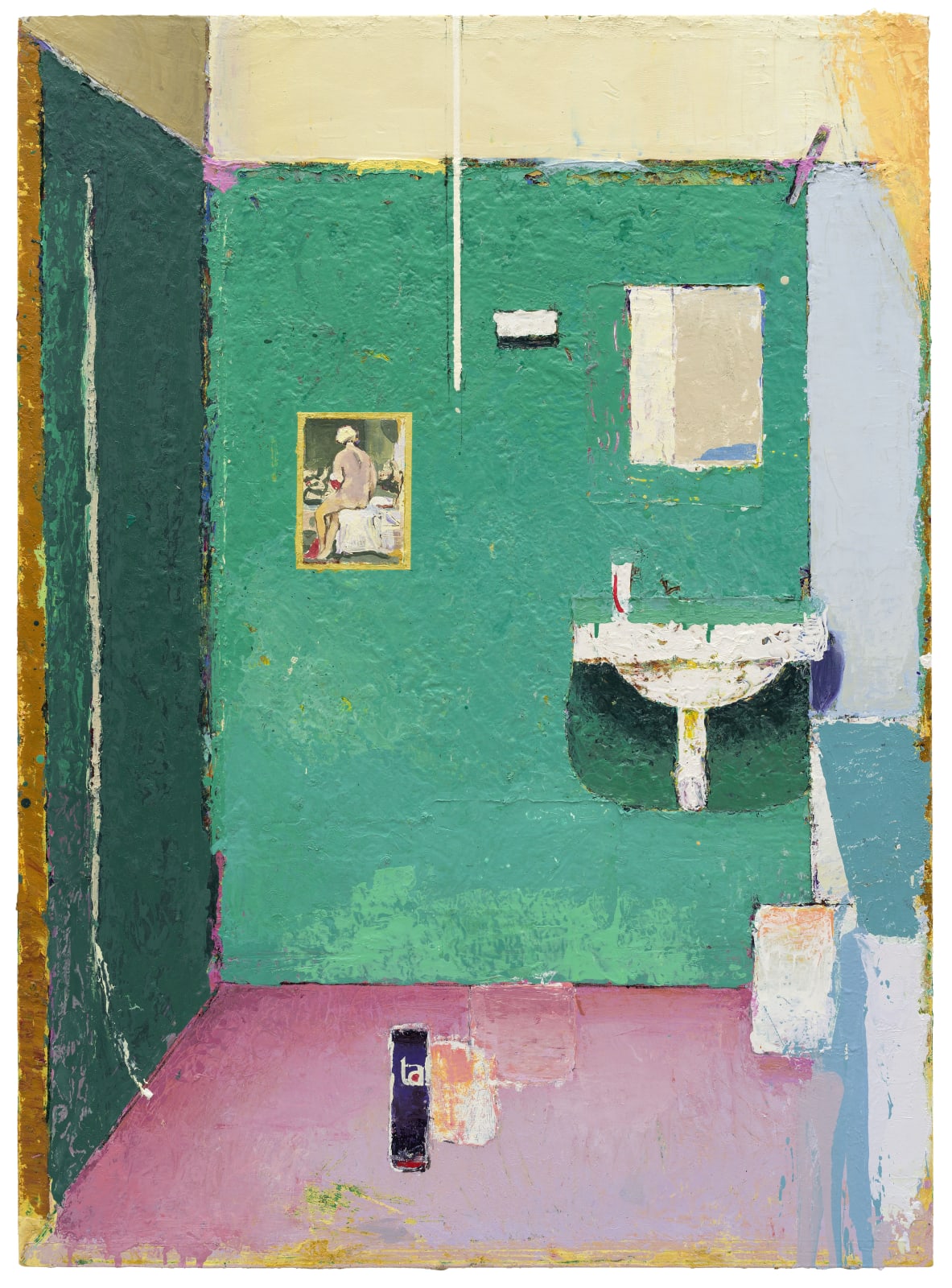 oil painting depicting an interior scene of a bathroom with a full tub slightly out of frame