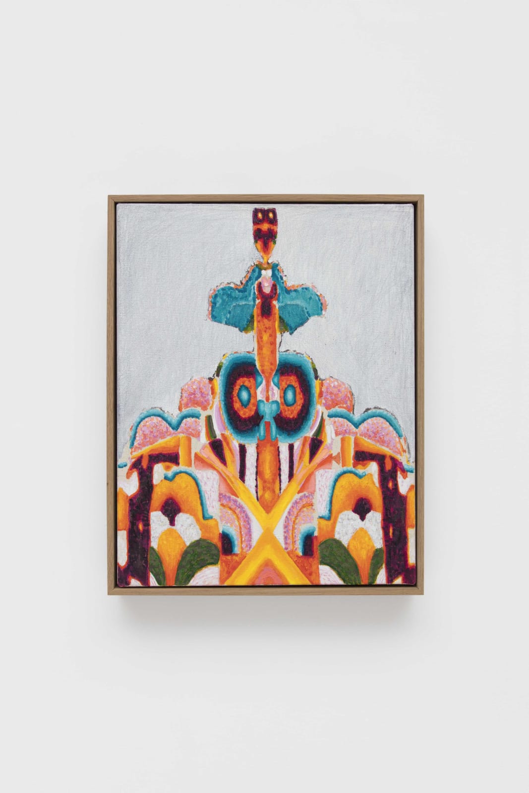 oil painting depicting brightly colored psychedelic geometric patterns against a grey background