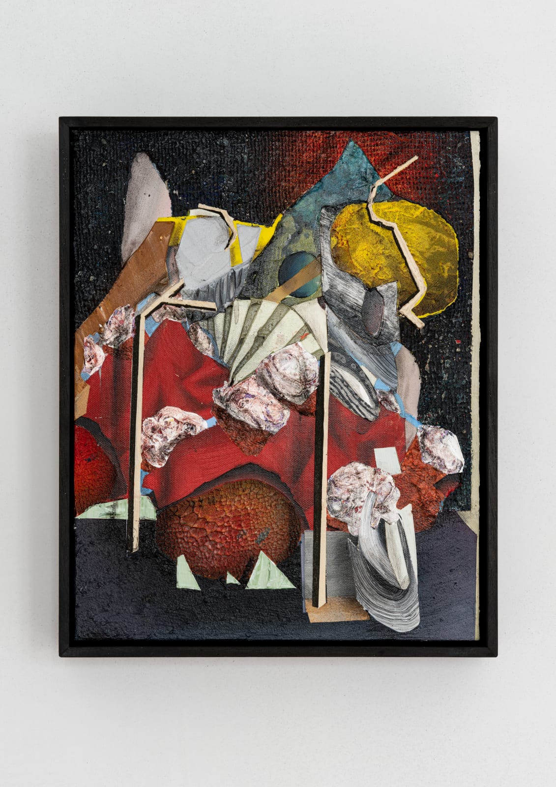 mixed media painting depicting a still life of abstracted objects arranged in a pile