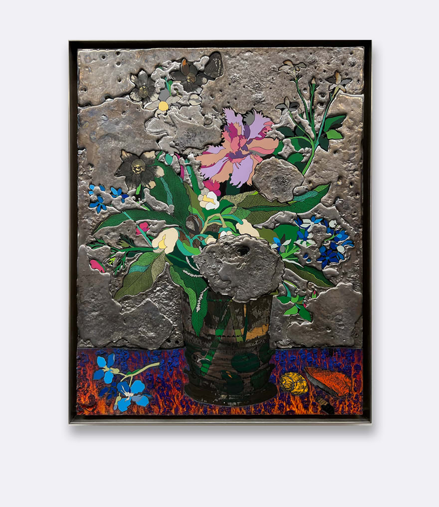 A mixed media image of a vase filled with multicoloured flower.