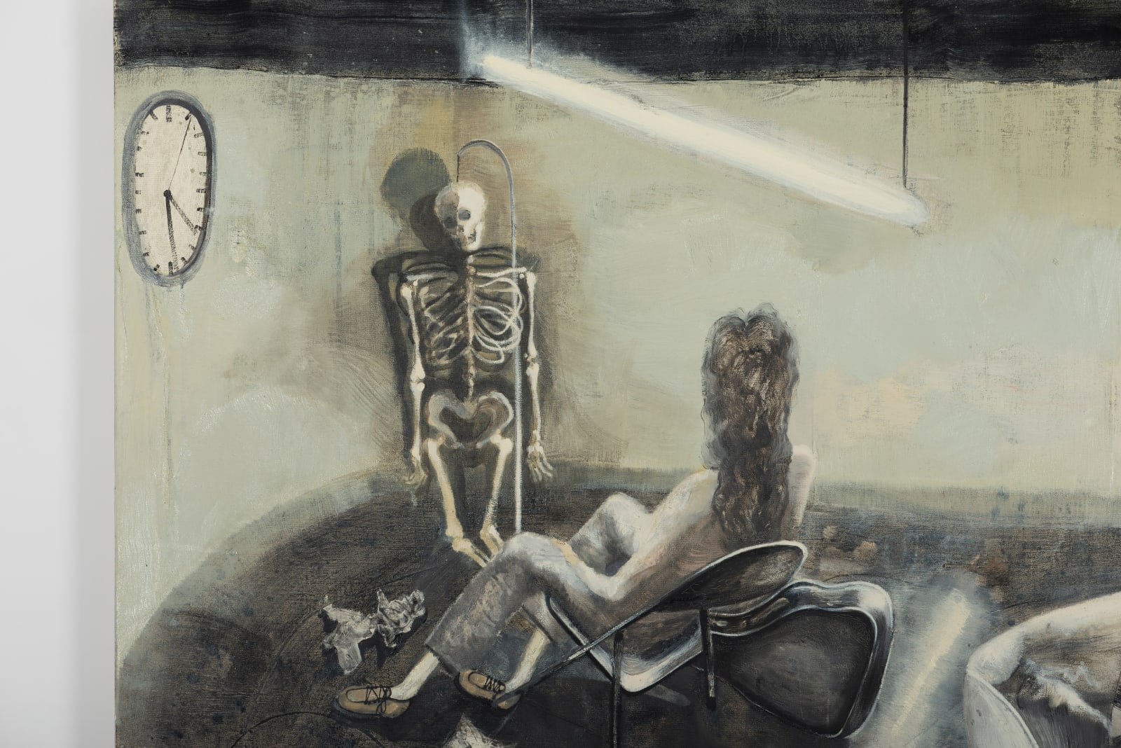 An oil on canvas depicting a nude woman sitting in a chair facing a skeleton propped up in the corner of a room.
