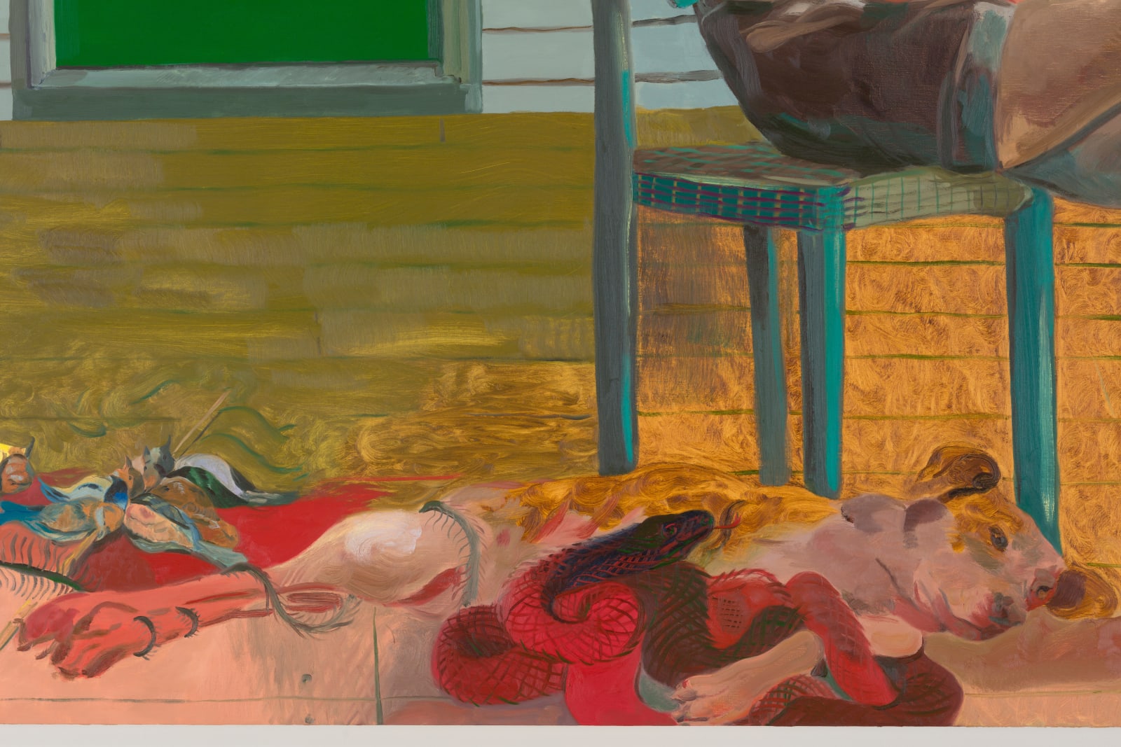 abstract painting of a man sitting in a chair in front of a house that has a green door. the man's gair is pulled back and the bottom of the painting, where a dog is laying down, disintegrates into a carnal pink and red