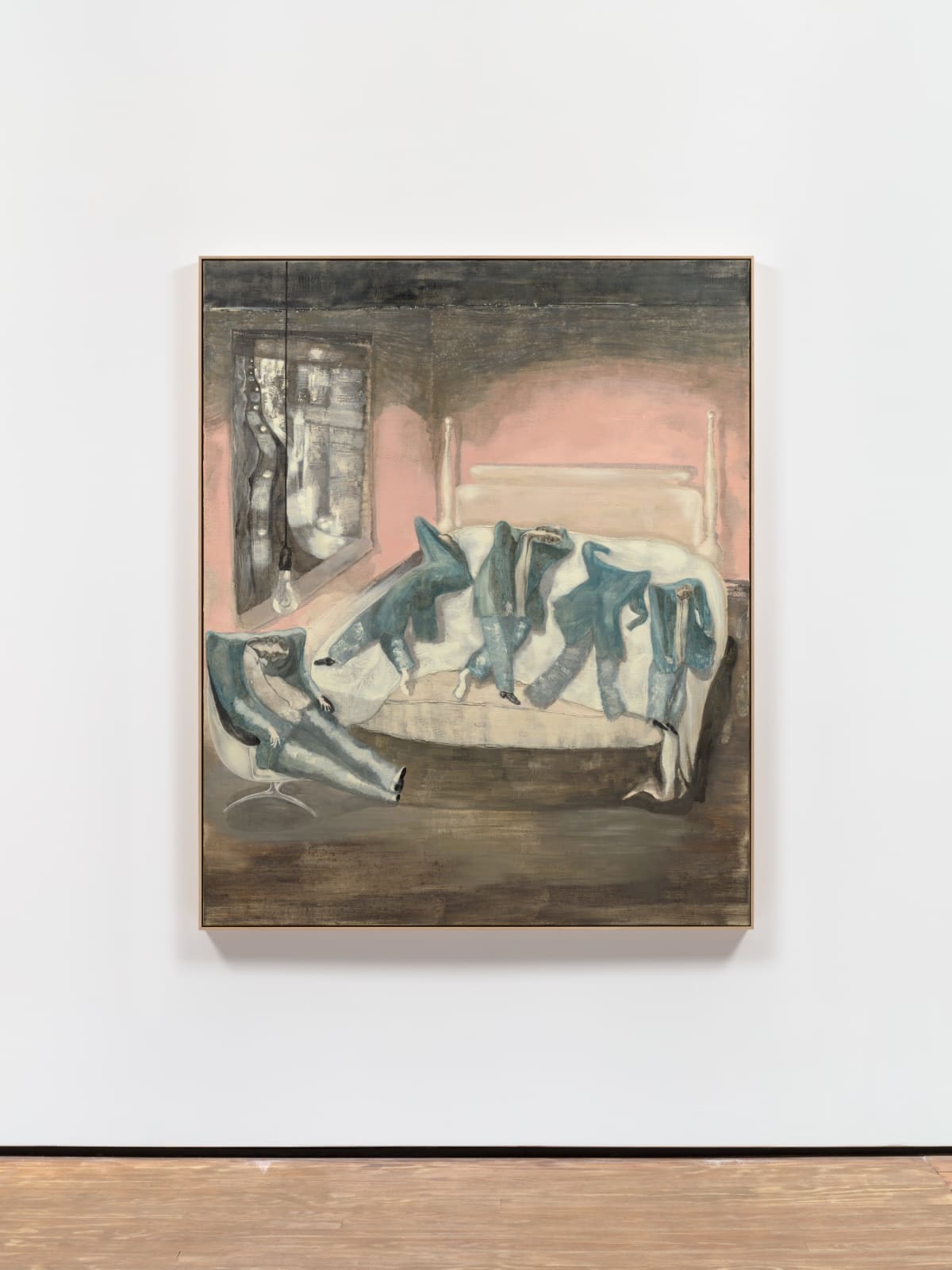 An abstracted oil on canvas image of various suited men lying on a large bed