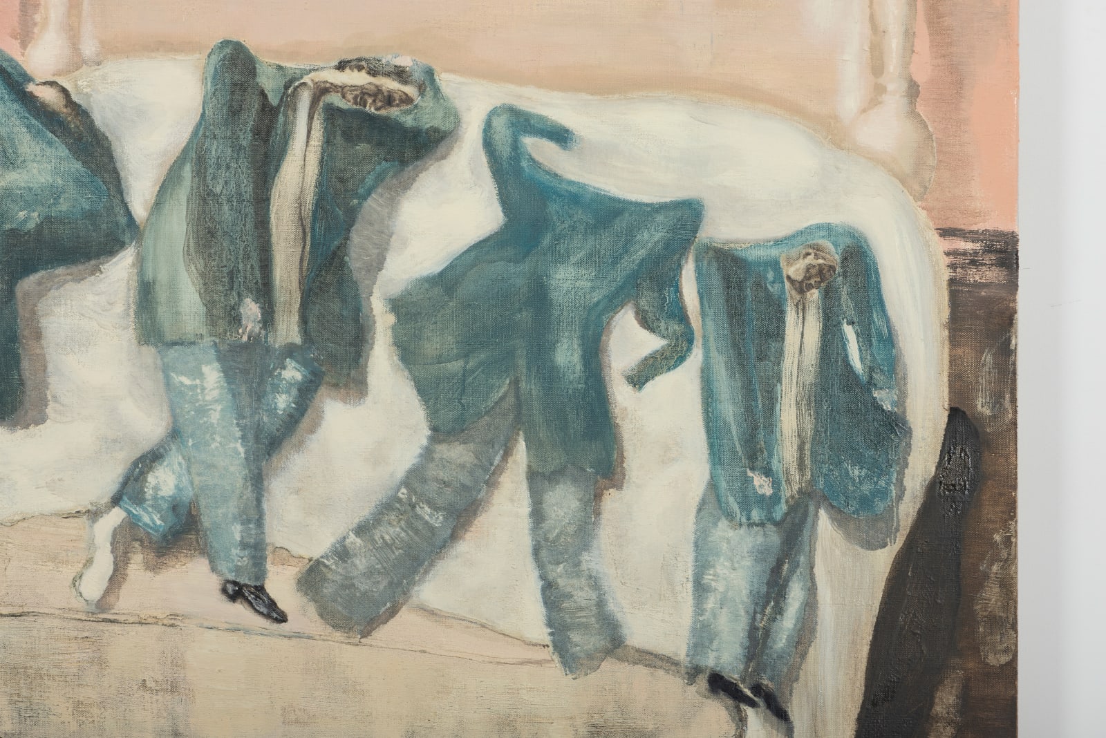 An abstracted oil on canvas image of various suited men lying on a large bed