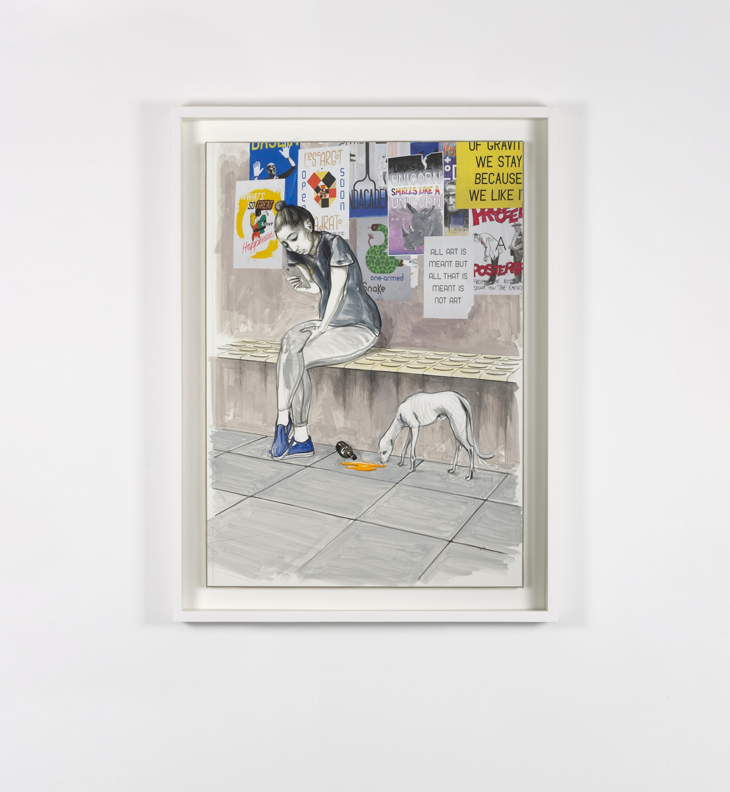 A large mixed media drawing of a seated woman looking at her phone with numerous posters behind her and a dog next to her, framed in white and mounted on a white wall.