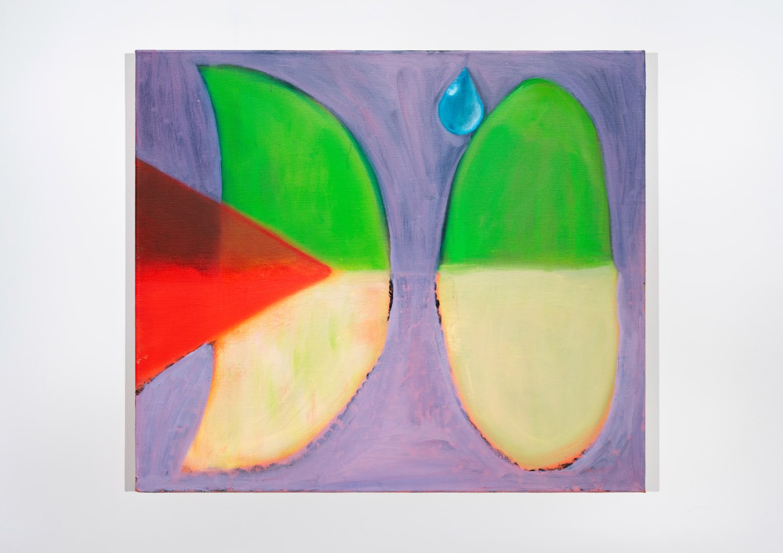 oil painting depicting abstracted shapes of red, green, and white against a purple background, and a drop of water