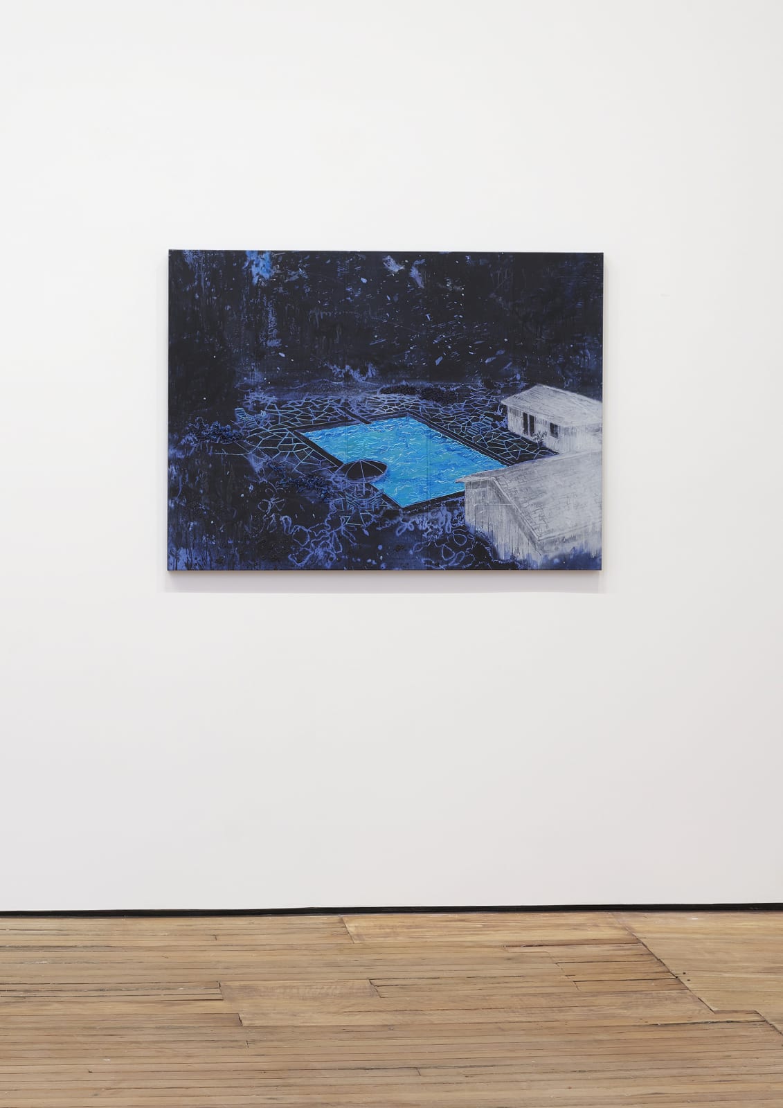 Image of a medium sized painting on a wall with gallery floor. dark blue medium sized painting of a light blue pool and two houses.