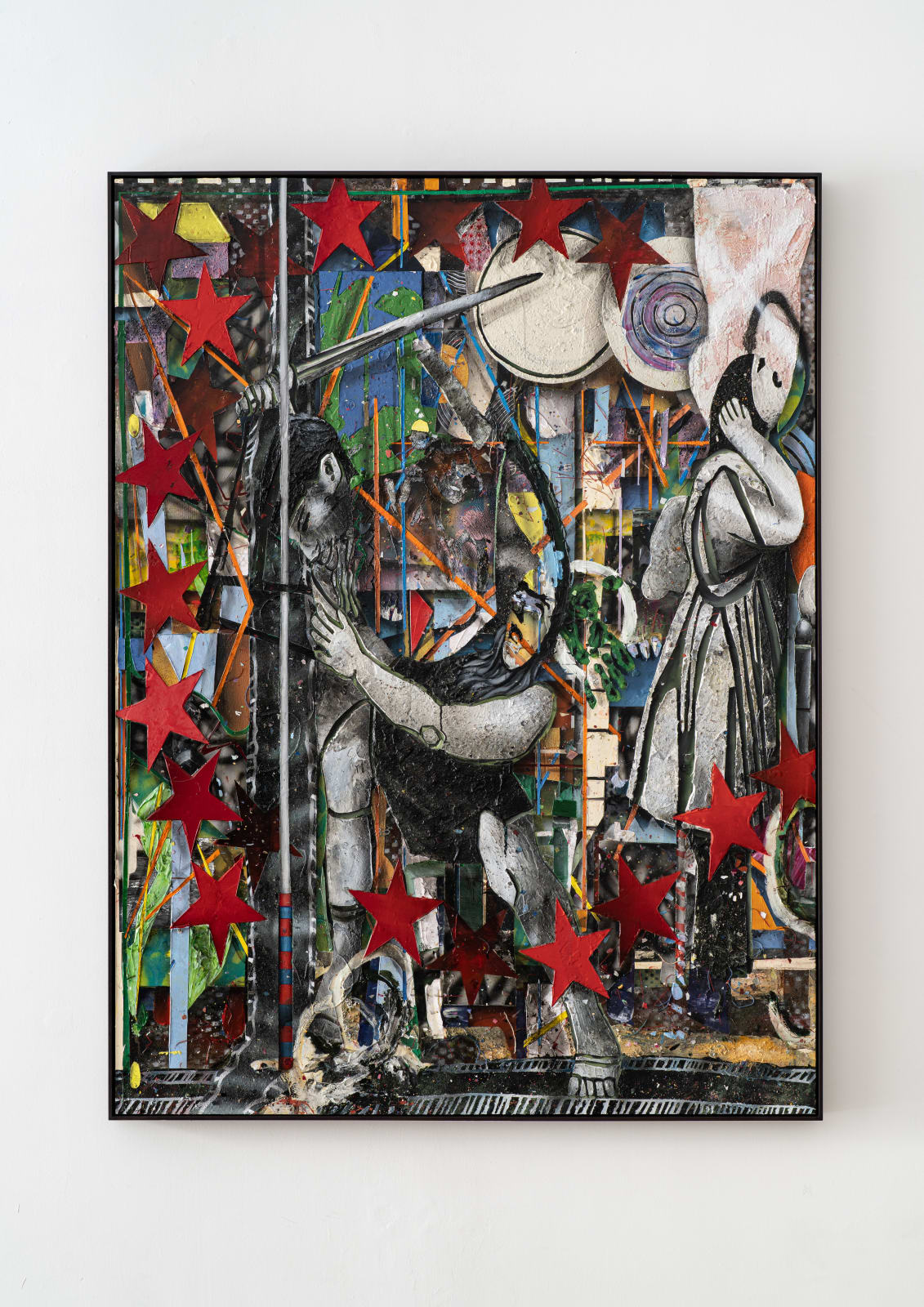 an expressionistic image with abstracted human figures encircled by big red stars. various layered shapes and textures saturate the painting.