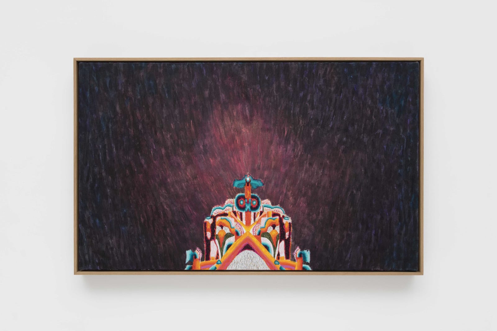 oil painting depicting a brightly colored psychedelic figure against a dark background