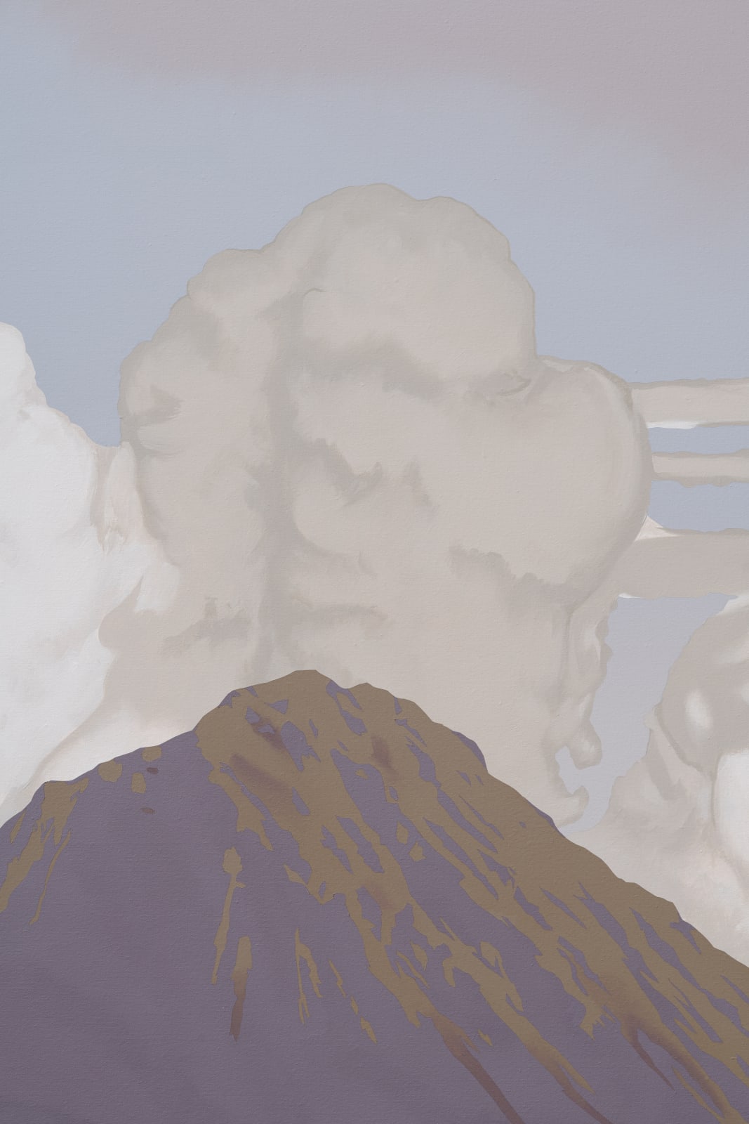 An acrylic on canvas of a underneath a massive mountain.