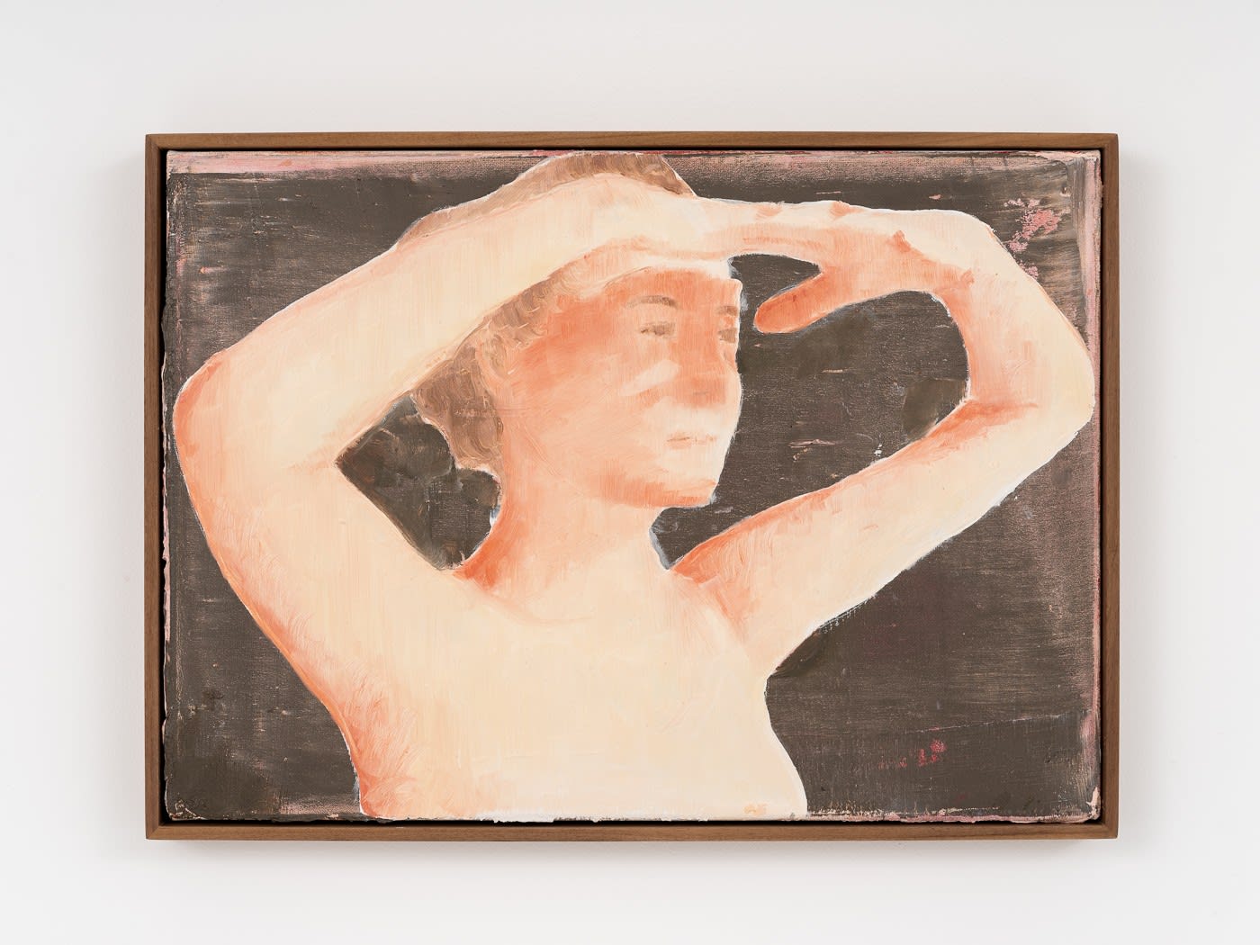 painted image of a person holding their hands above their head to shade their eyes