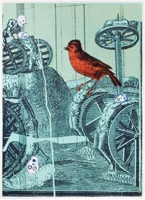 Woodcut and etching on paper of a red cardinal in an old factory with wheels crashed around, there are human remains and a human body in the foreground and background