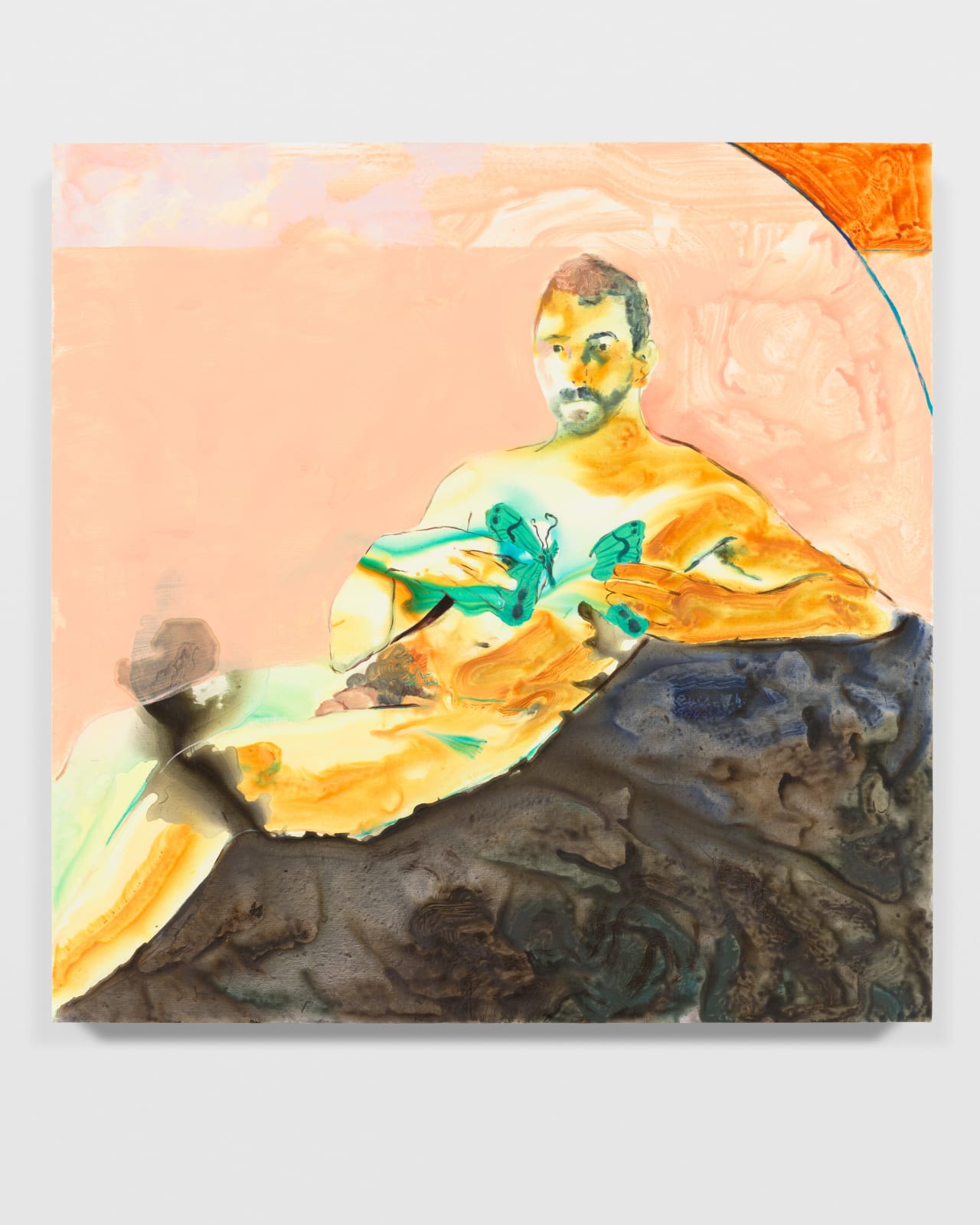 abstract painting of a man on a rock-like base holding a turquoise butterfly that has been roughly split in half