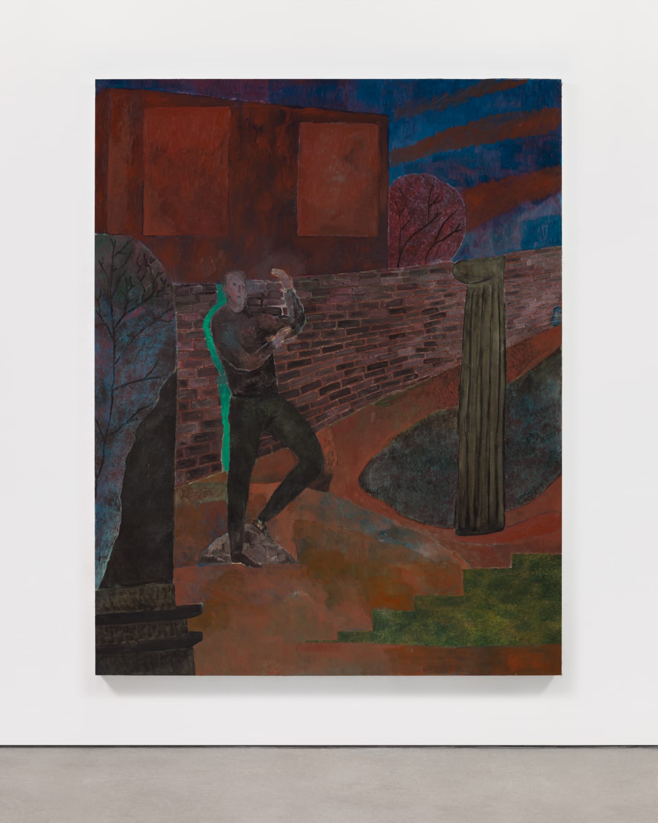 oil painting depicting a man posing against a brick wall in a dark surrealist landscape